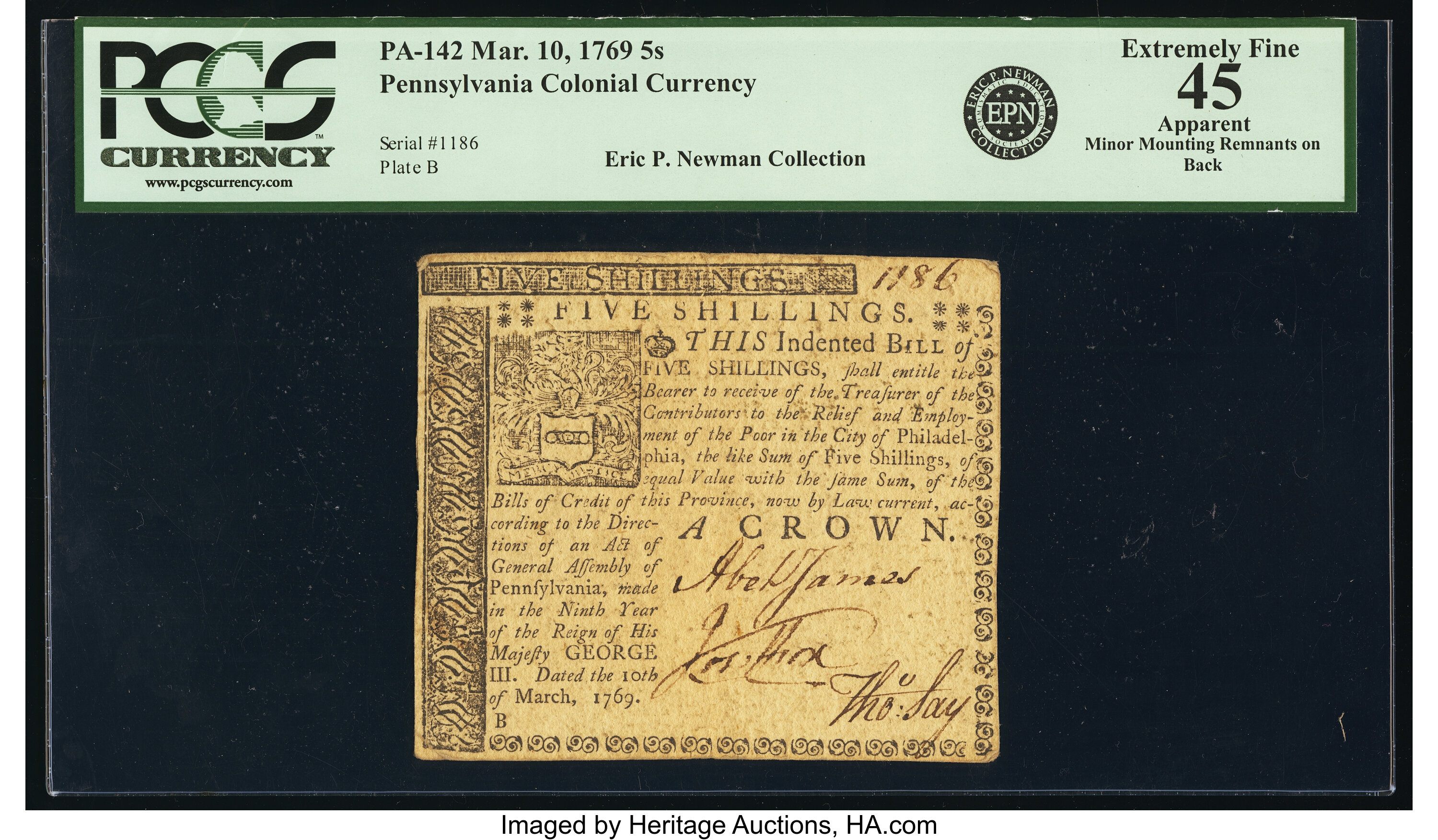 image for: Pennsylvania March 10, 1769 5 Ss Fr. PA-142 PCGS Apparent Extremely Fine 45...