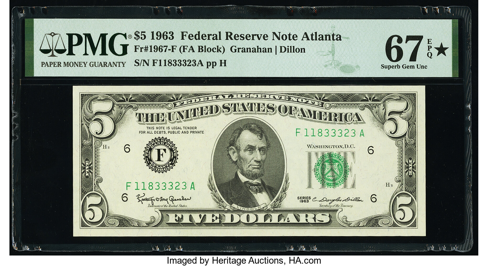 image for: Fr. 1967-F $5 1963 Federal Reserve Note. PMG Superb Gem Unc 67 EPQ*....