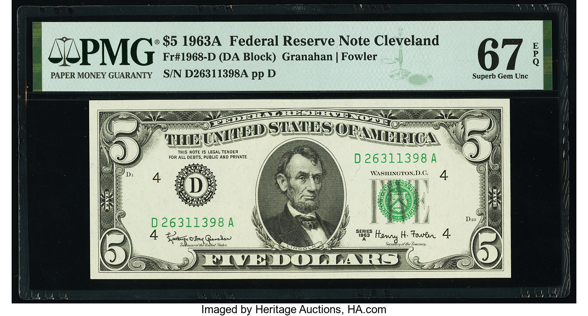 image for: Fr. 1968-D $5 1963A Federal Reserve Note. PMG Superb Gem Unc 67 EPQ....