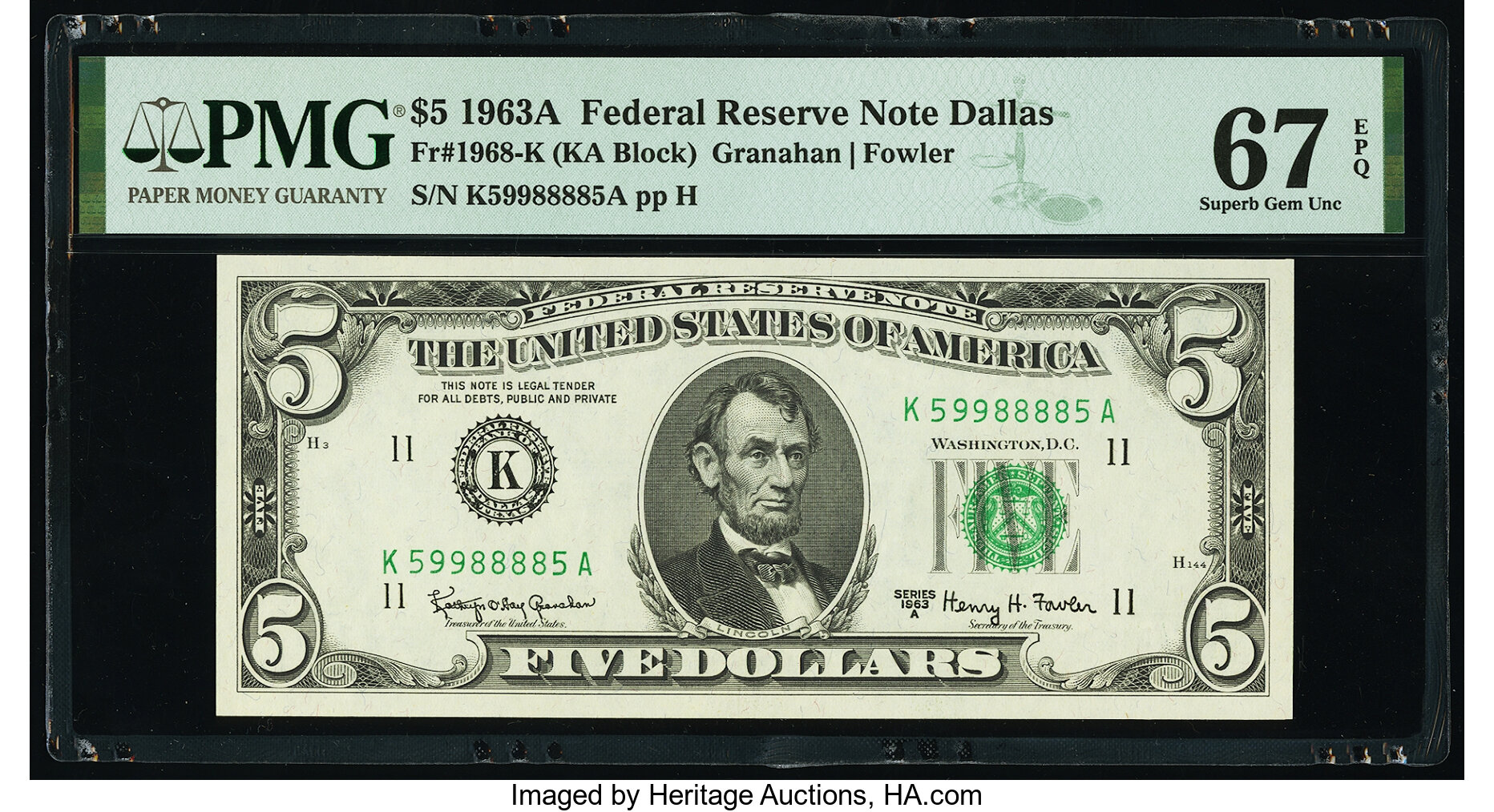 image for: Fr. 1968-K $5 1963A Federal Reserve Note. PMG Superb Gem Unc 67 EPQ....