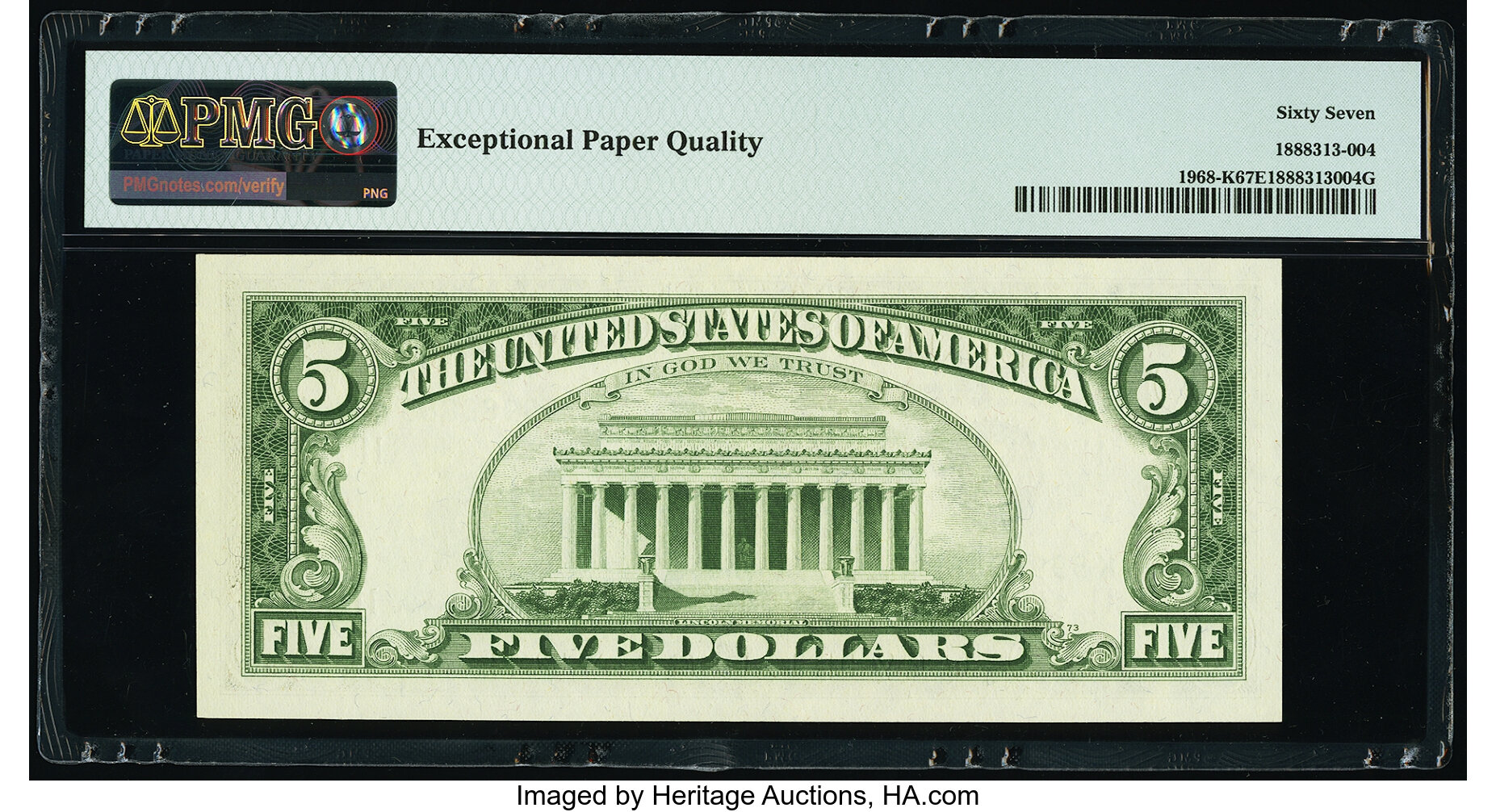 image for: Fr. 1968-K $5 1963A Federal Reserve Note. PMG Superb Gem Unc 67 EPQ....