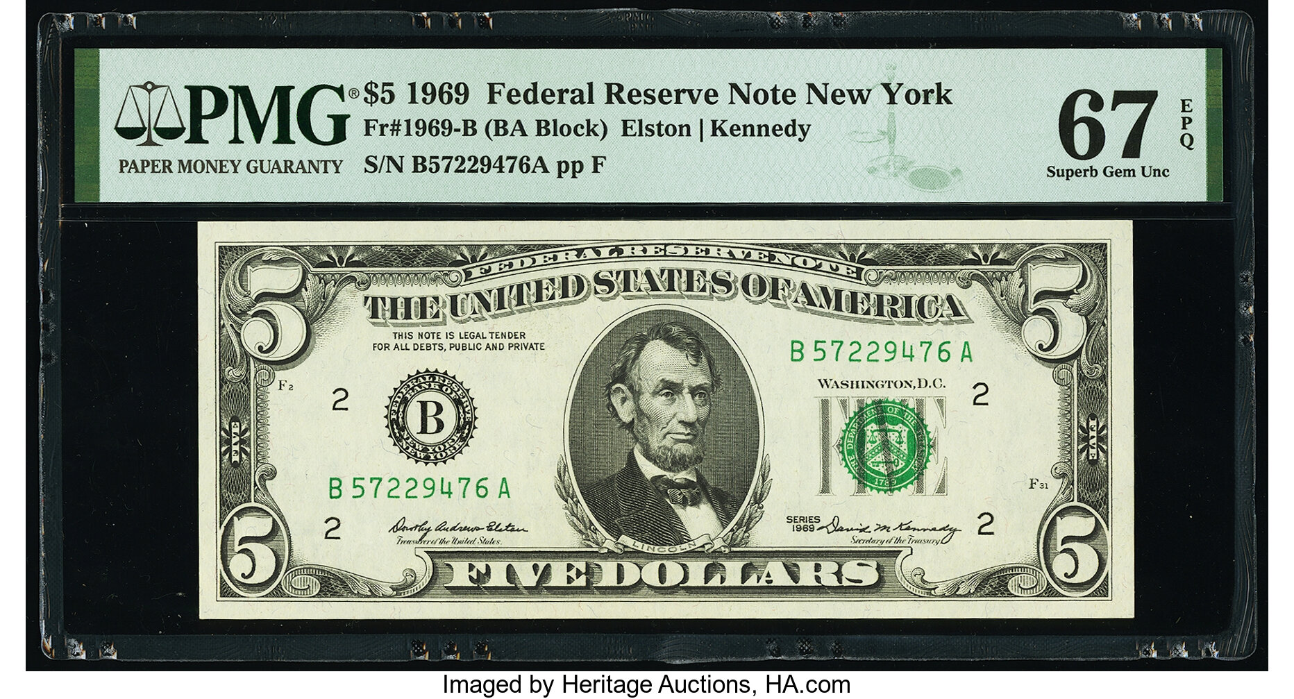 image for: Fr. 1969-B $5 1969 Federal Reserve Note. PMG Superb Gem Unc 67 EPQ....