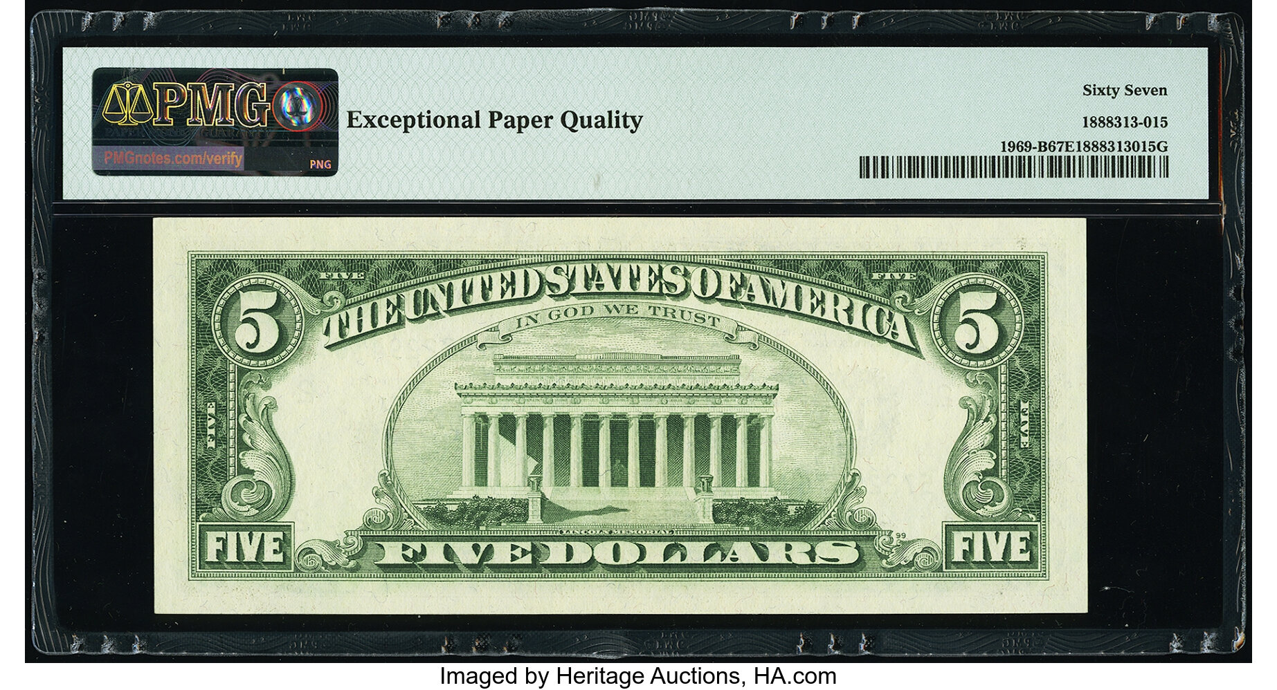 image for: Fr. 1969-B $5 1969 Federal Reserve Note. PMG Superb Gem Unc 67 EPQ....