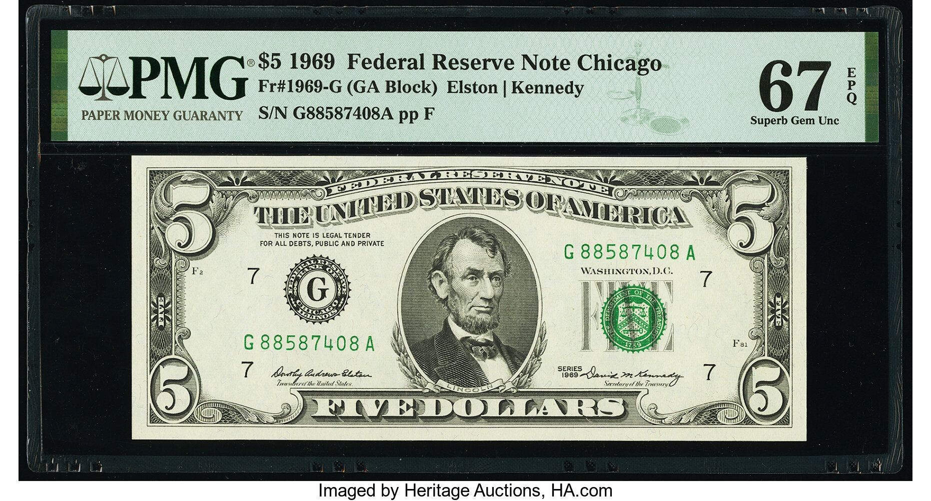 image for: Fr. 1969-G $5 1969 Federal Reserve Note. PMG Superb Gem Unc 67 EPQ....