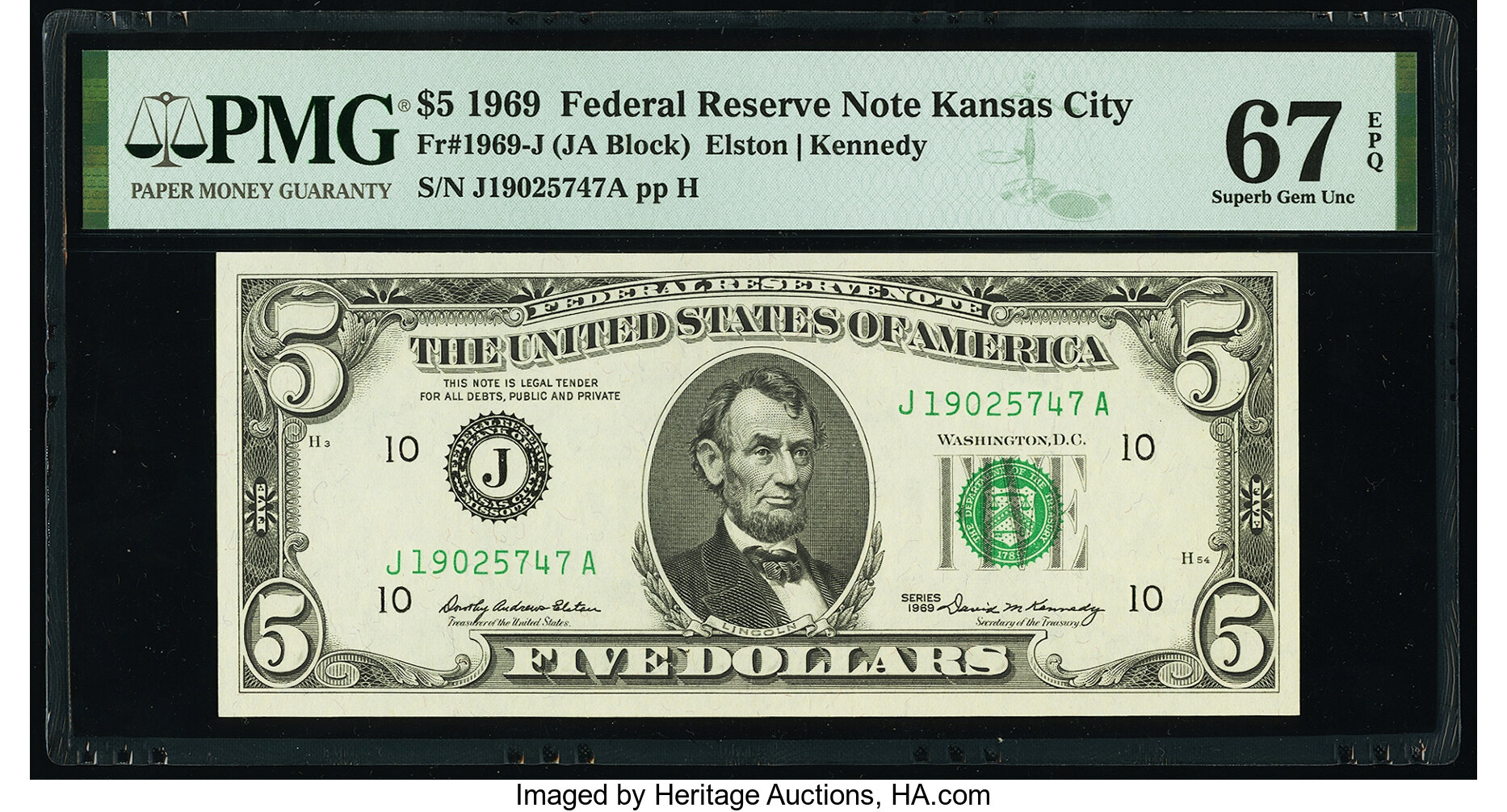 image for: Fr. 1969-J $5 1969 Federal Reserve Note. PMG Superb Gem Unc 67 EPQ....