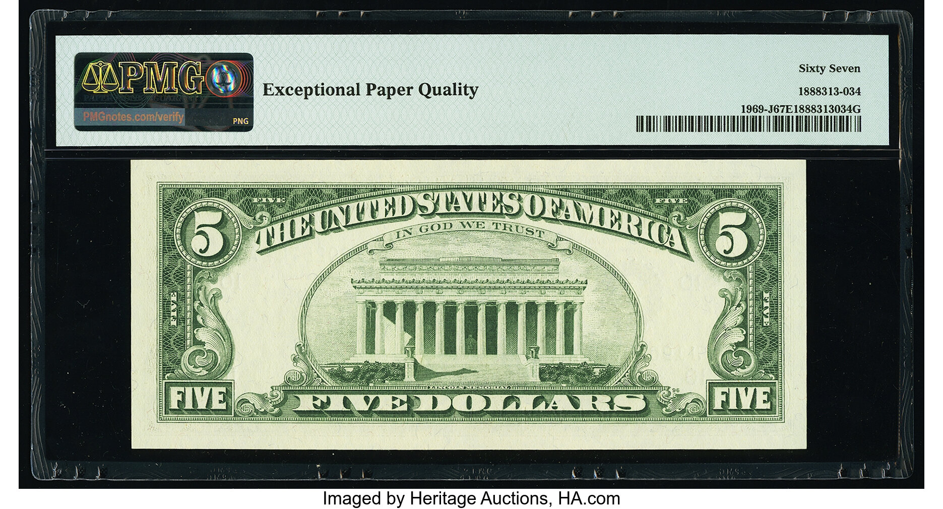 image for: Fr. 1969-J $5 1969 Federal Reserve Note. PMG Superb Gem Unc 67 EPQ....