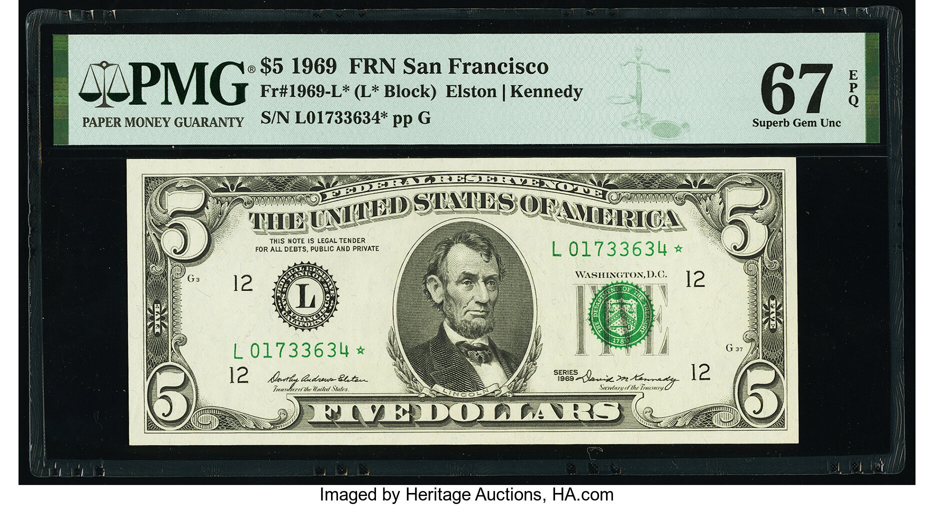 image for: Fr. 1969-L* $5 1969 Federal Reserve Star Note. PMG Superb Gem Unc 67 EPQ....