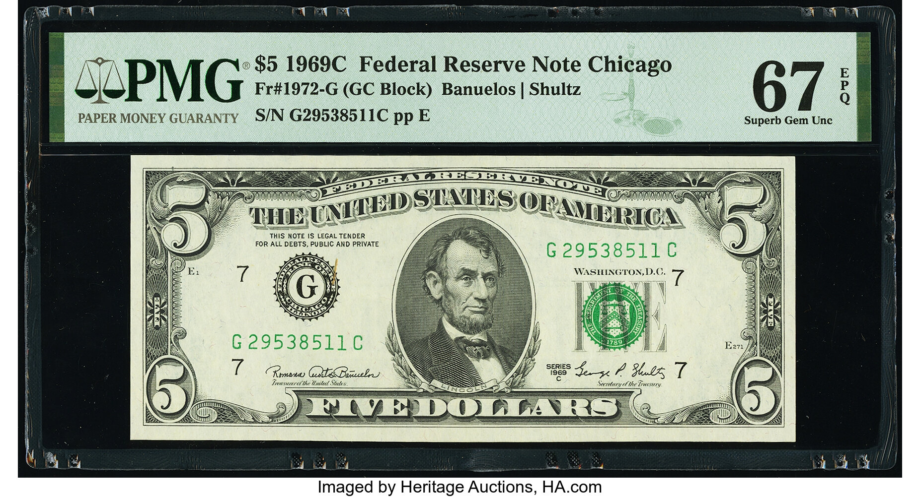 image for: Fr. 1972-G $5 1969C Federal Reserve Note. PMG Superb Gem Unc 67 EPQ....