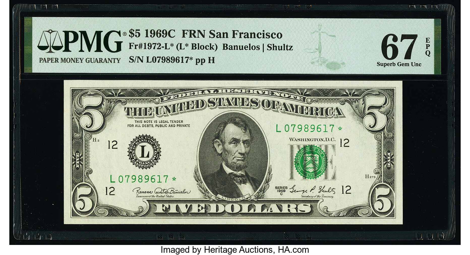 image for: Fr. 1972-L* $5 1969C Federal Reserve Star Note. PMG Superb Gem Unc 67 EPQ....