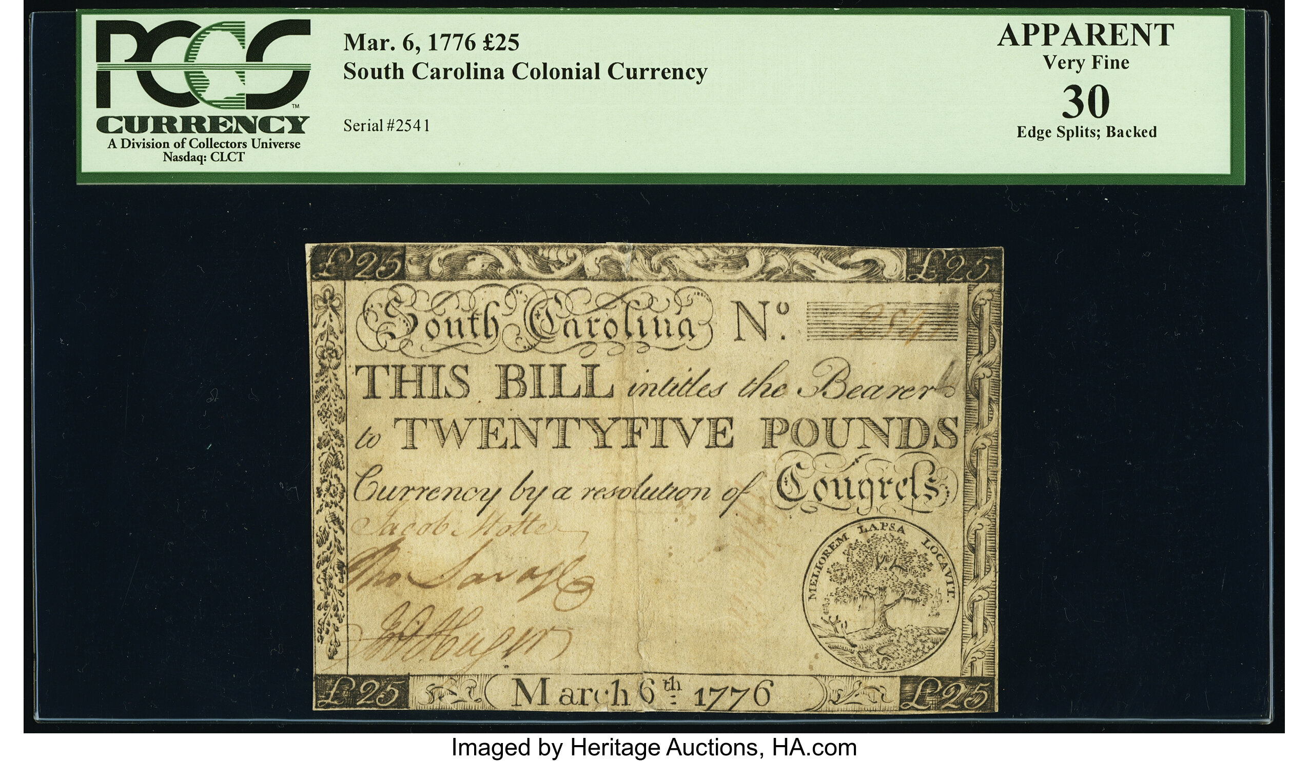 image for: South Carolina March 6, 1776 £25 PCGS Apparent Very Fine 30....