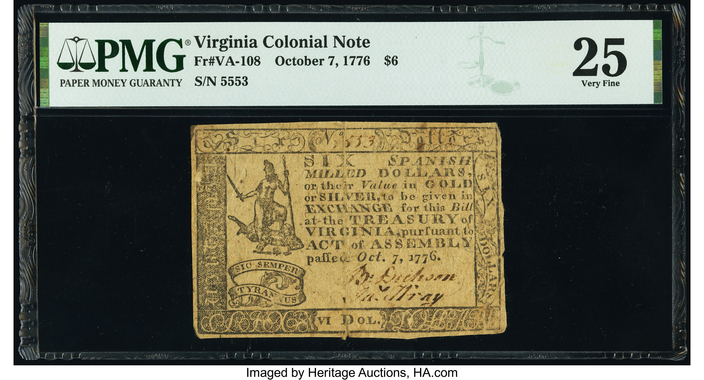 image for: Virginia October 7, 1776 $6 PMG Very Fine 25....