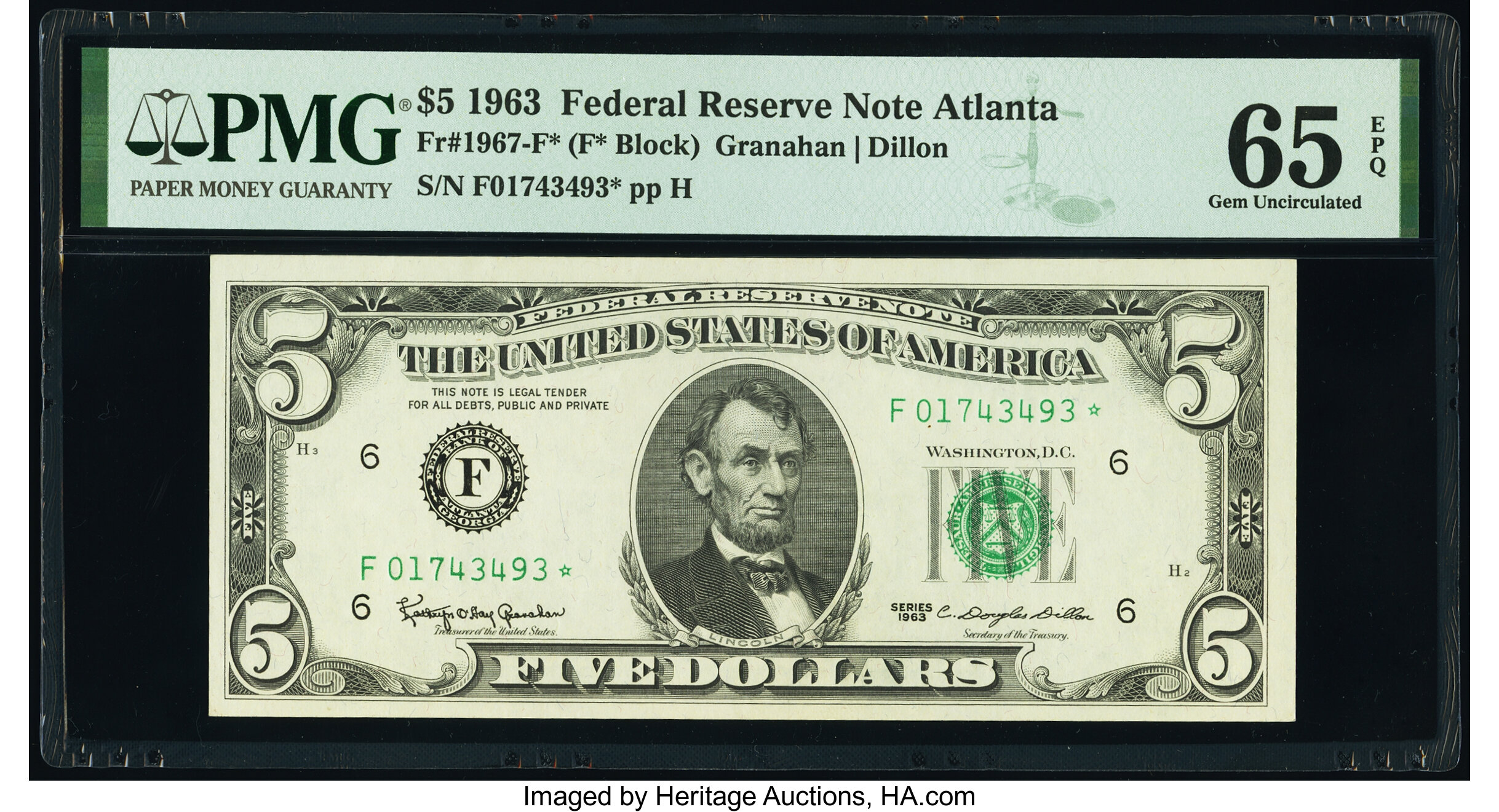 image for: Fr. 1967-F* $5 1963 Federal Reserve Star Note. PMG Gem Uncirculated 65 EPQ....