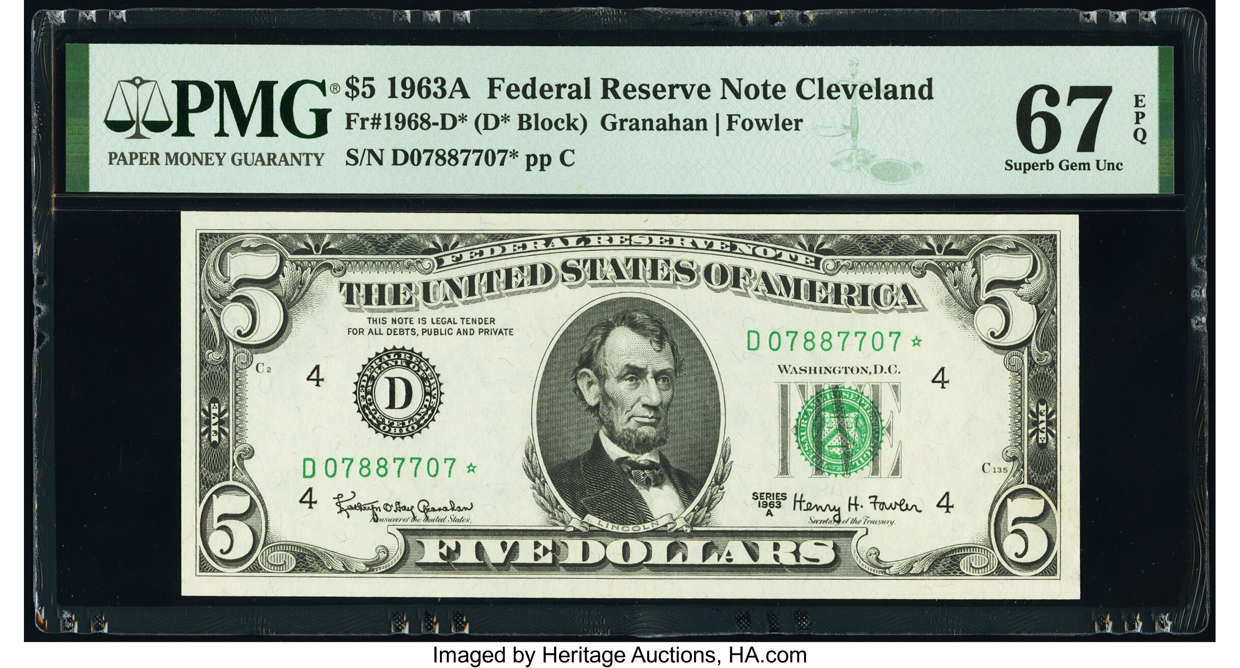 image for: Fr. 1968-D* $5 1963A Federal Reserve Star Note. PMG Superb Gem Unc 67 EPQ....