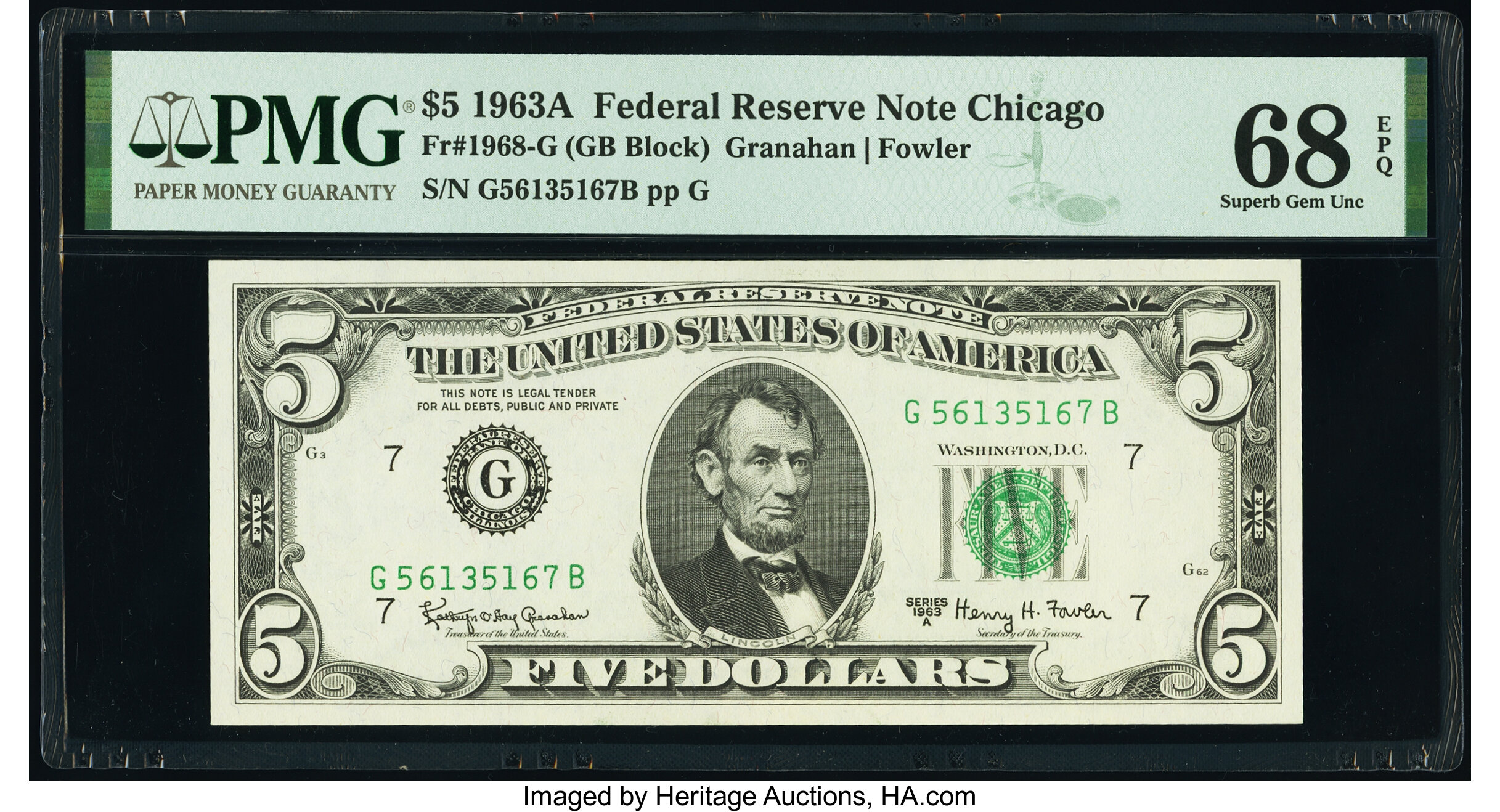 image for: Fr. 1968-G $5 1963A Federal Reserve Note. PMG Superb Gem Unc 68 EPQ....