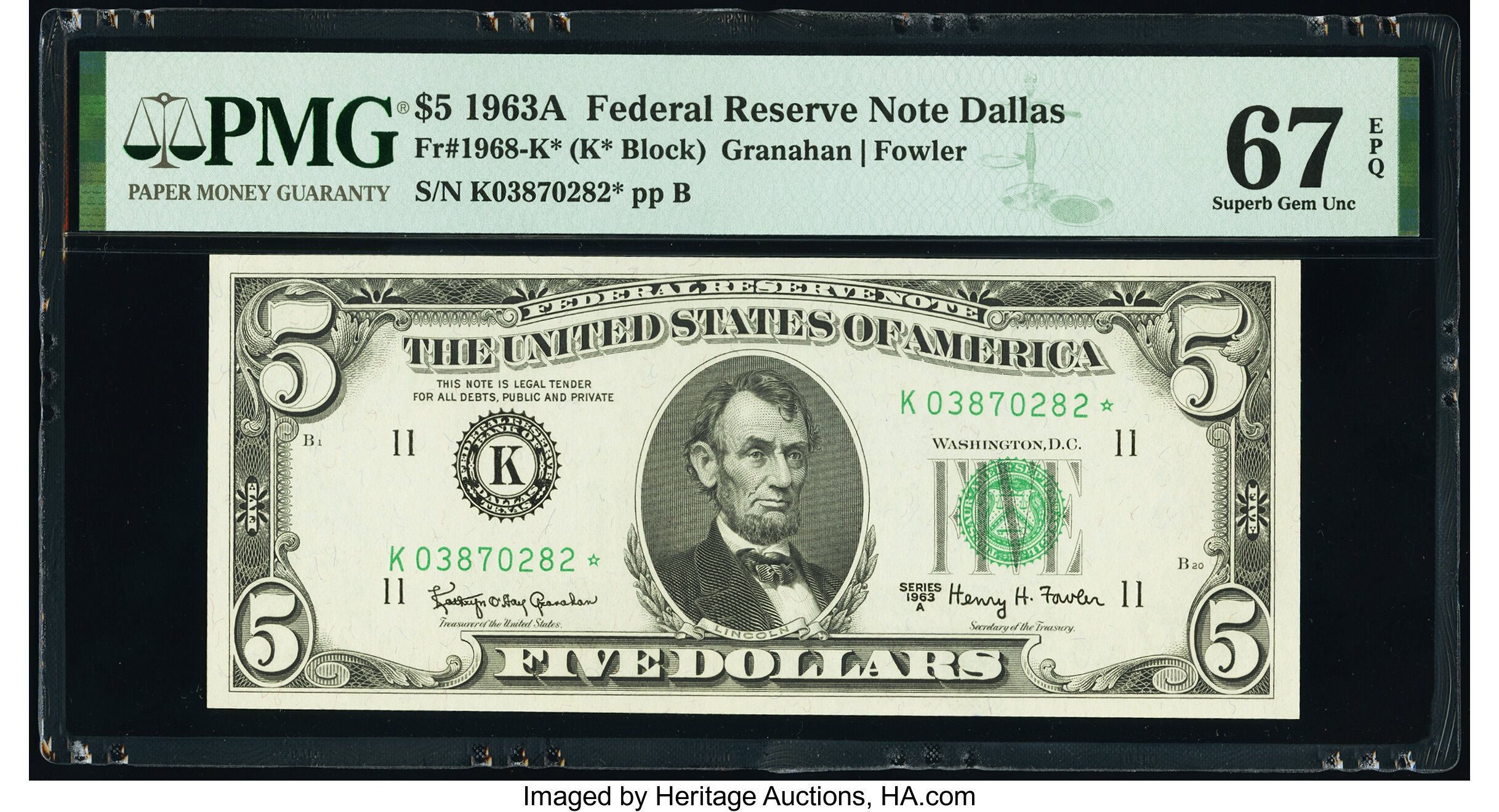 image for: Fr. 1968-K* $5 1963A Federal Reserve Star Note. PMG Superb Gem Unc 67 EPQ....