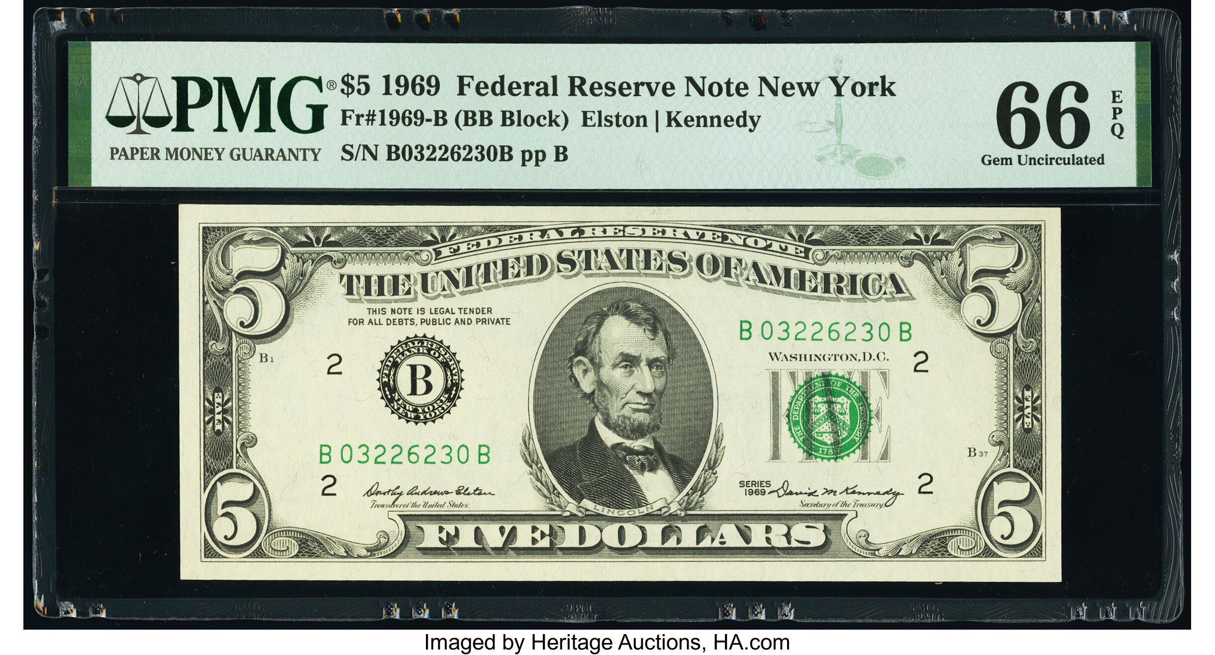 image for: Fr. 1969-B $5 1969 Federal Reserve Note. PMG Gem Uncirculated 66 EPQ....