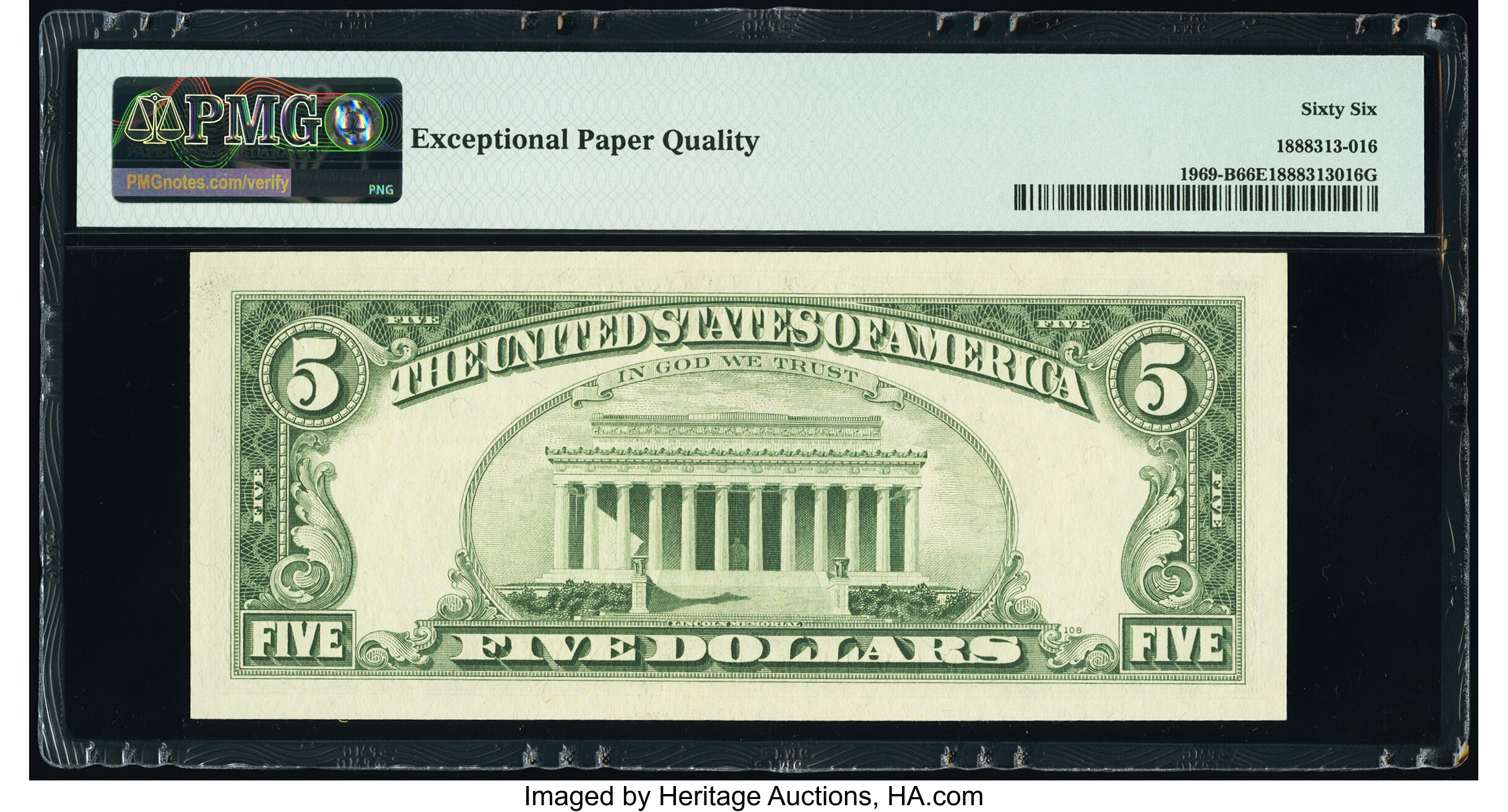 image for: Fr. 1969-B $5 1969 Federal Reserve Note. PMG Gem Uncirculated 66 EPQ....