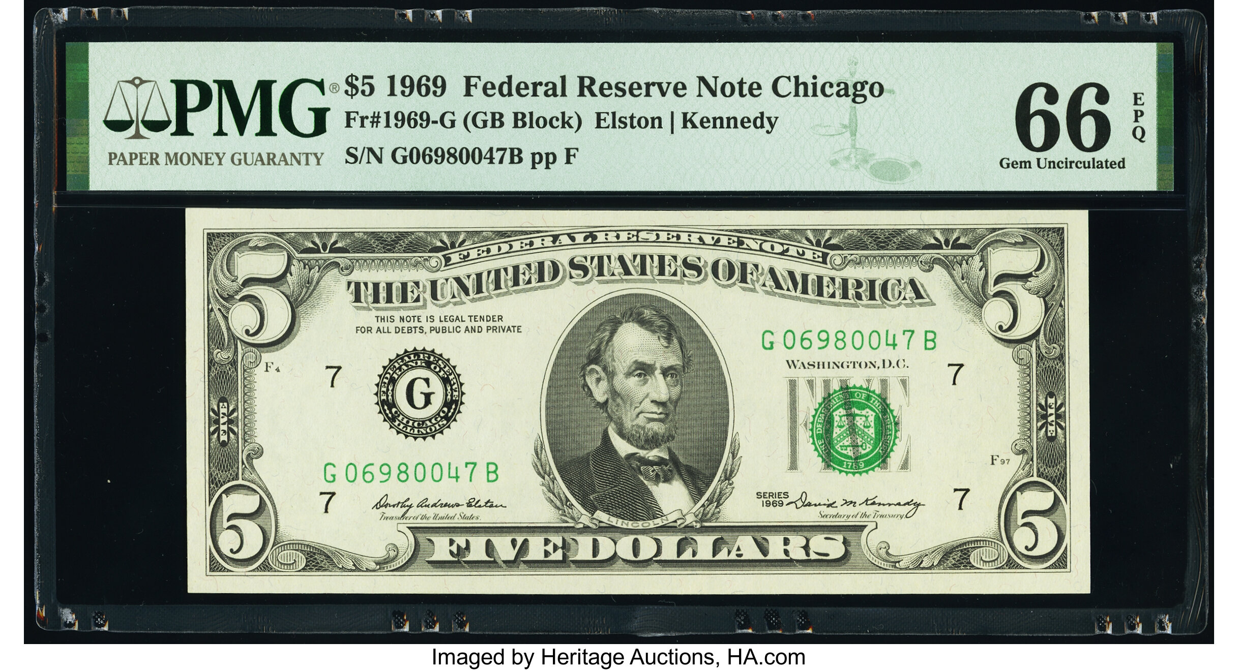 image for: Fr. 1969-G $5 1969 Federal Reserve Note. PMG Gem Uncirculated 66 EPQ....