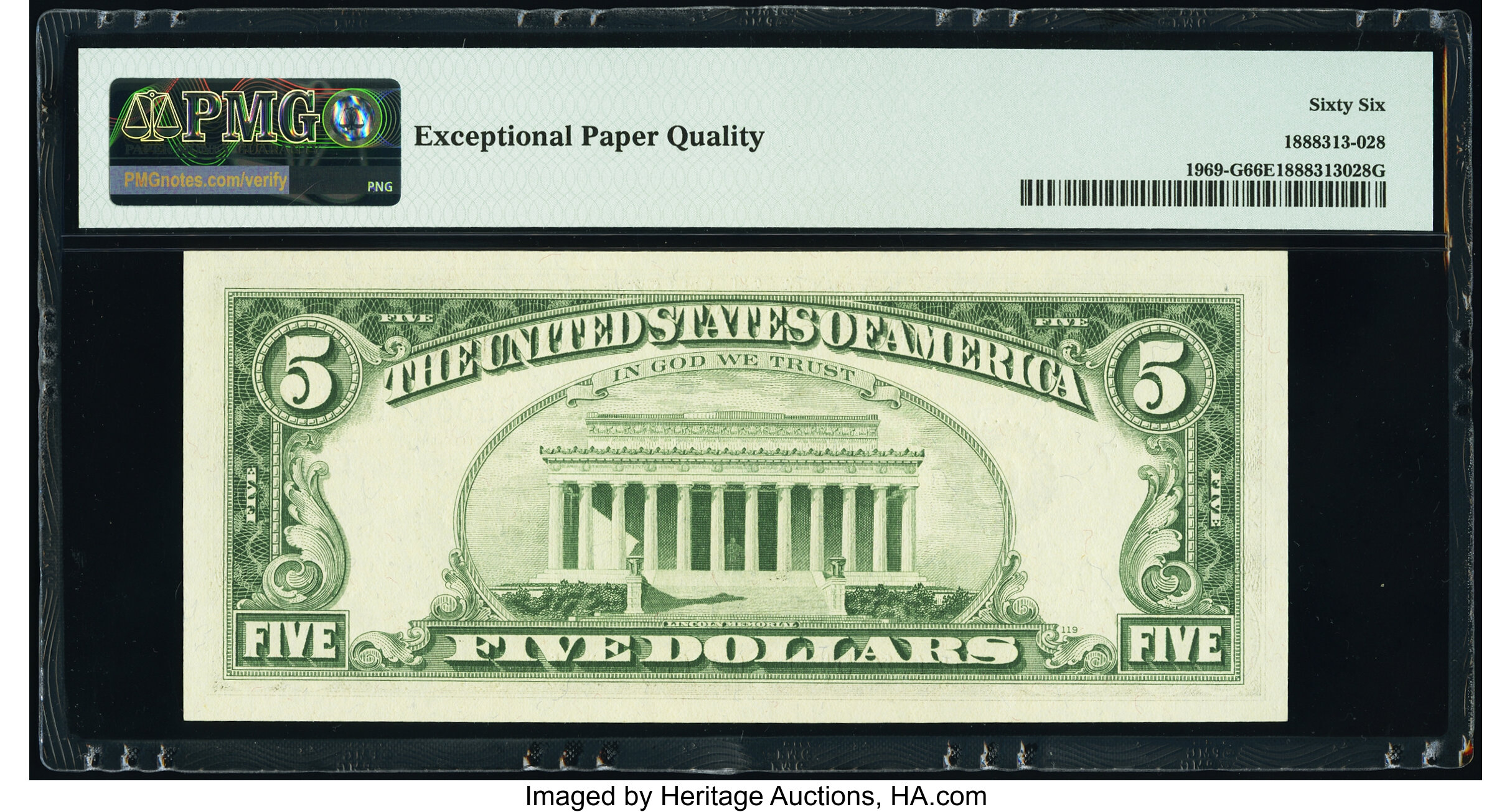 image for: Fr. 1969-G $5 1969 Federal Reserve Note. PMG Gem Uncirculated 66 EPQ....