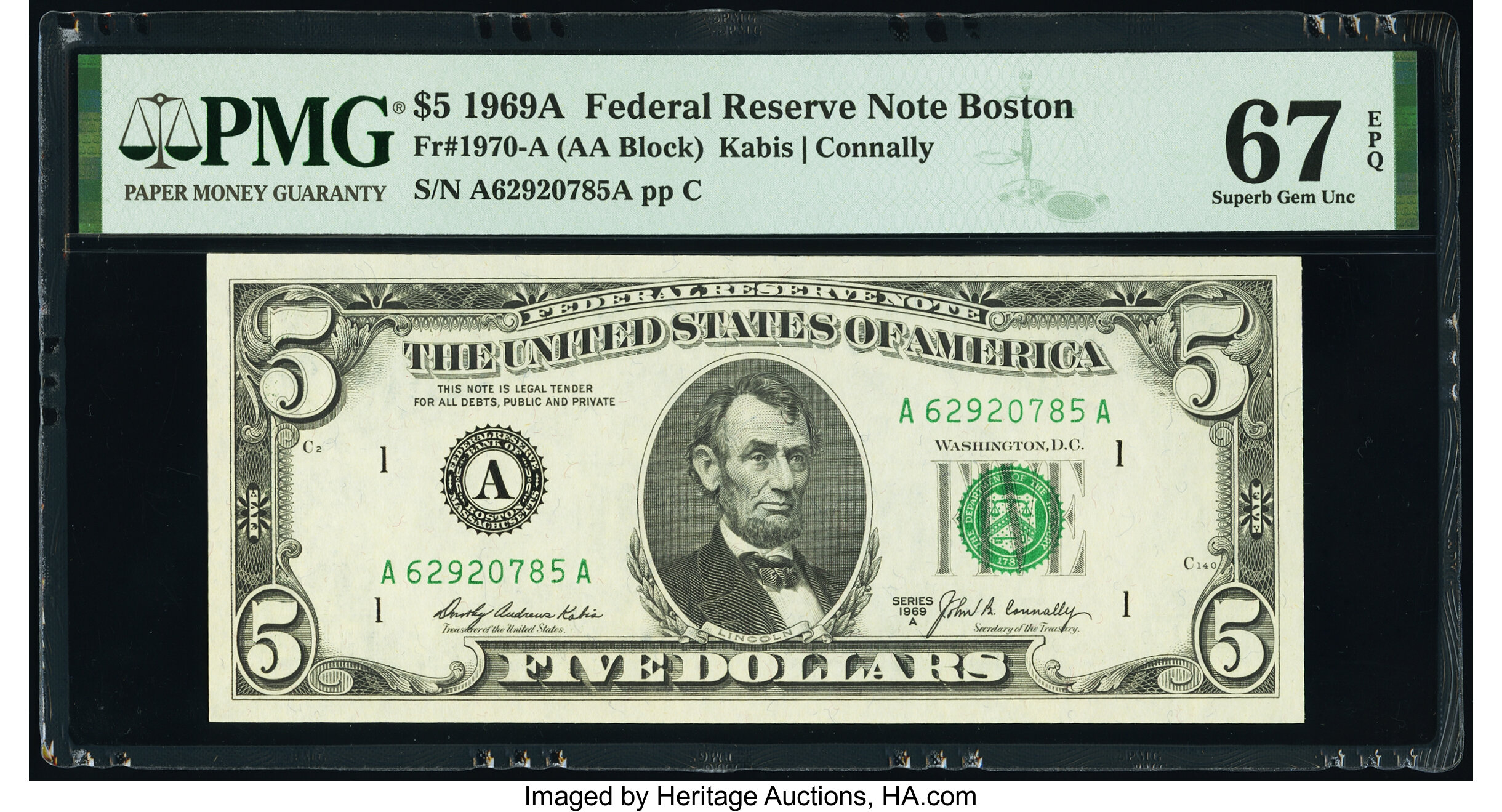 image for: Fr. 1970-A $5 1969A Federal Reserve Note. PMG Superb Gem Unc 67 EPQ....