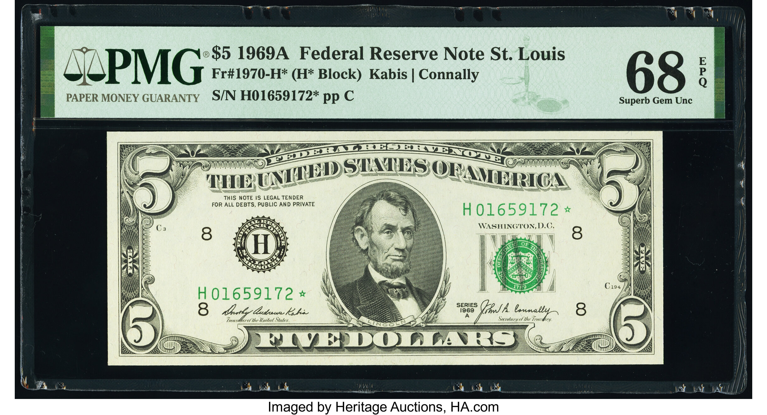 image for: Fr. 1970-H* $5 1969A Federal Reserve Star Note. PMG Superb Gem Unc 68 EPQ....