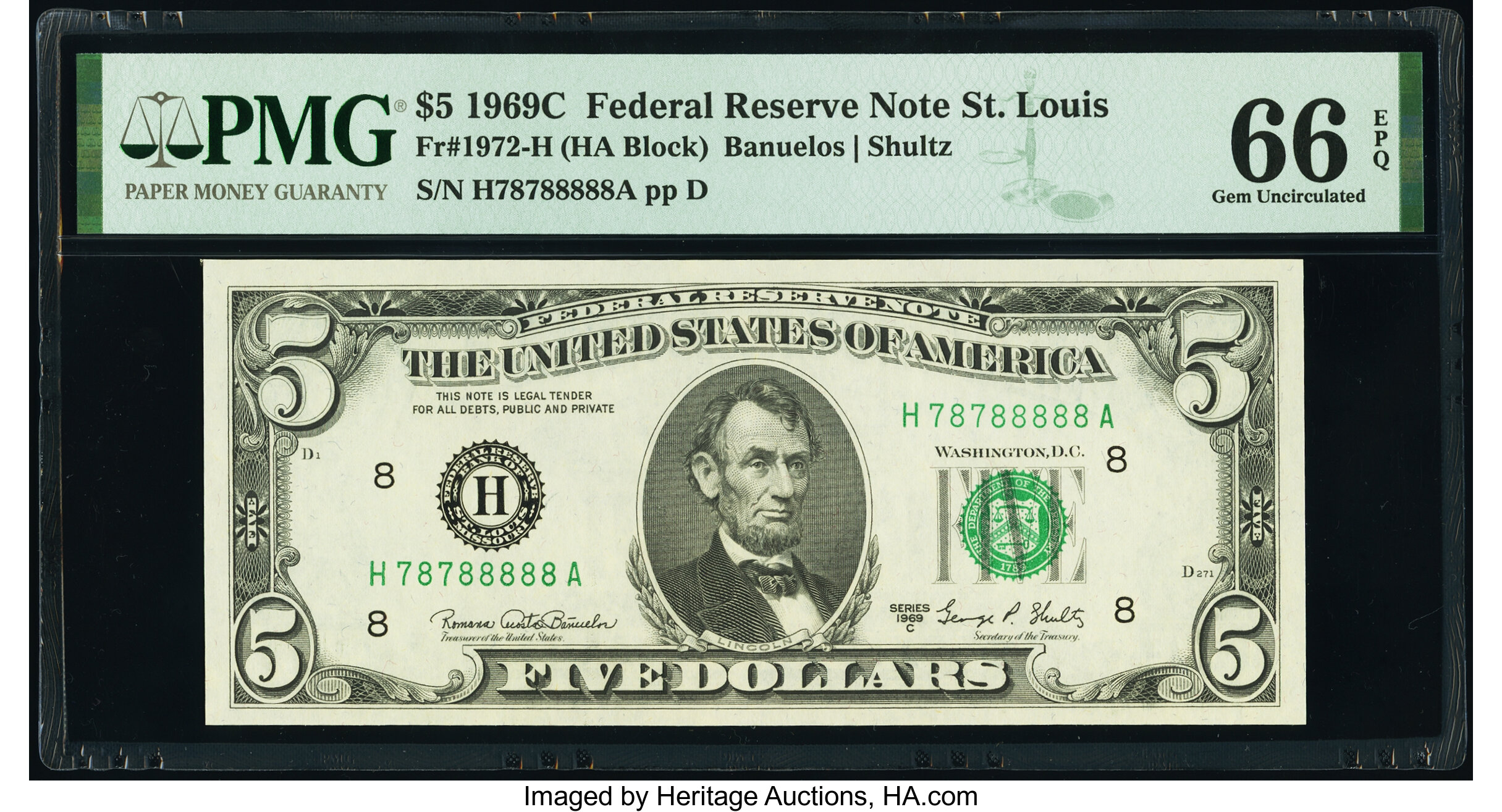 image for: Fr. 1972-H $5 1969C Federal Reserve Note. PMG Gem Uncirculated 66 EPQ....