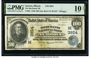 image for: Aurora, IL - $100 1902 Date Back Fr. 691 The Merchants National Bank Ch. # (M)3854 PMG Very Good 10 Net....