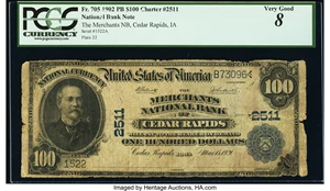 image for: Cedar Rapids, IA - $100 1902 Plain Back Fr. 705 The Merchants National Bank Ch. # 2511 PCGS Very Good 8....