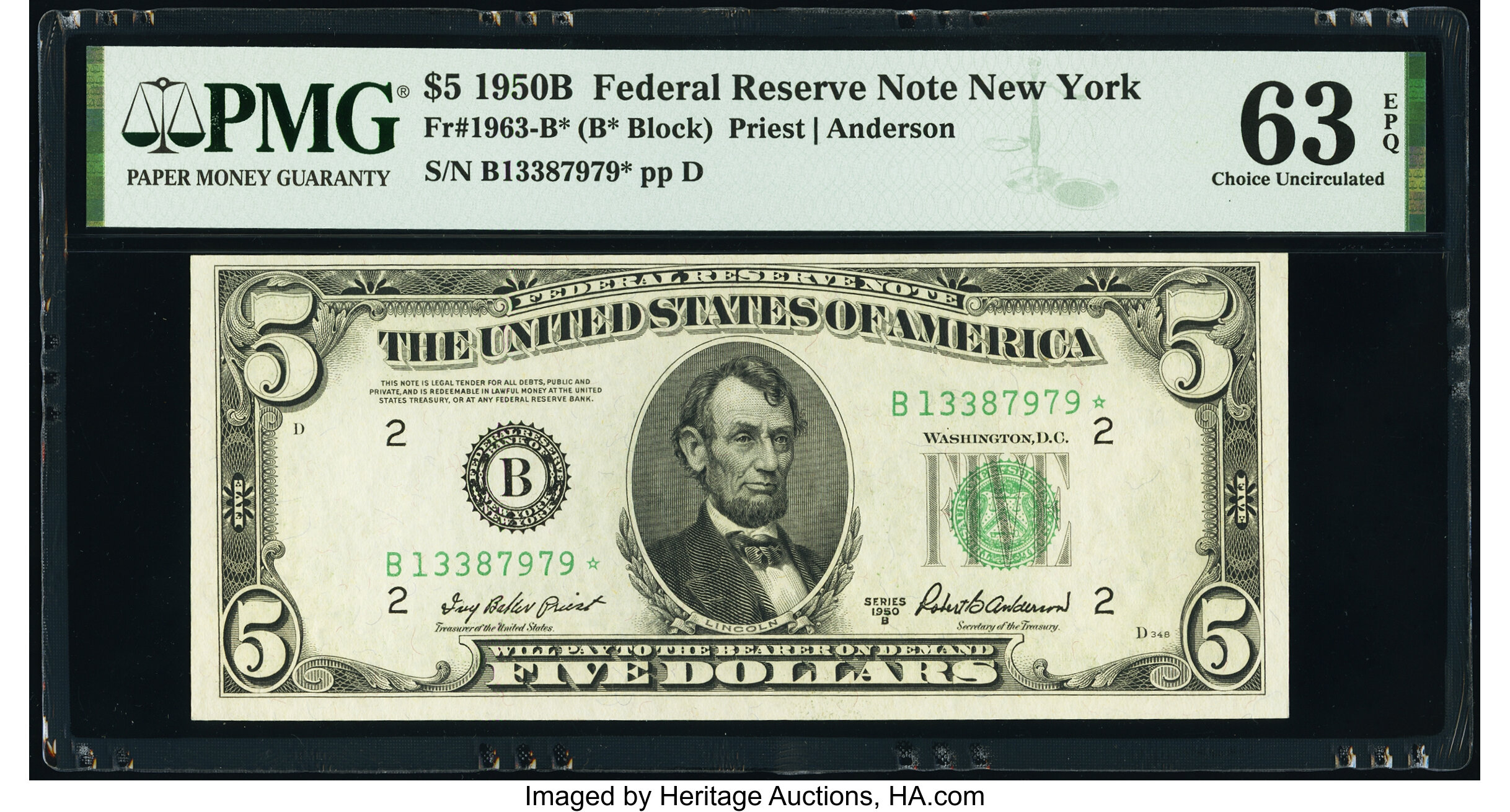 image for: Fr. 1963-B* $5 1950B Federal Reserve Star Note. PMG Choice Uncirculated 63 EPQ....
