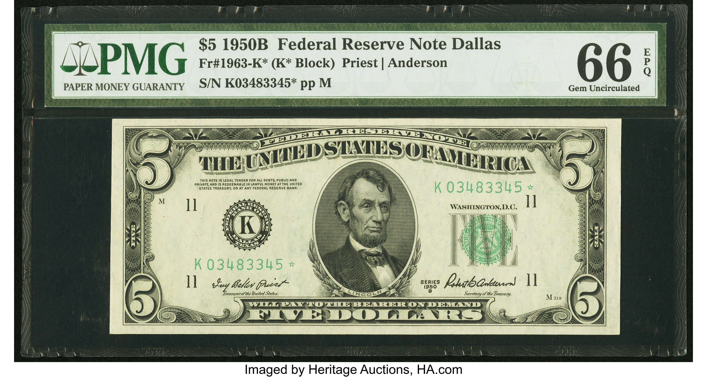 image for: Fr. 1963-K* $5 1950B Federal Reserve Note. PMG Gem Uncirculated 66 EPQ....
