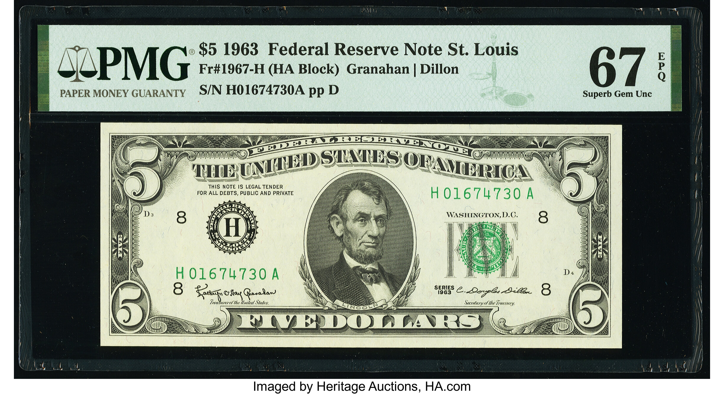 image for: Fr. 1967-H $5 1963 Federal Reserve Note. PMG Superb Gem Unc 67 EPQ....