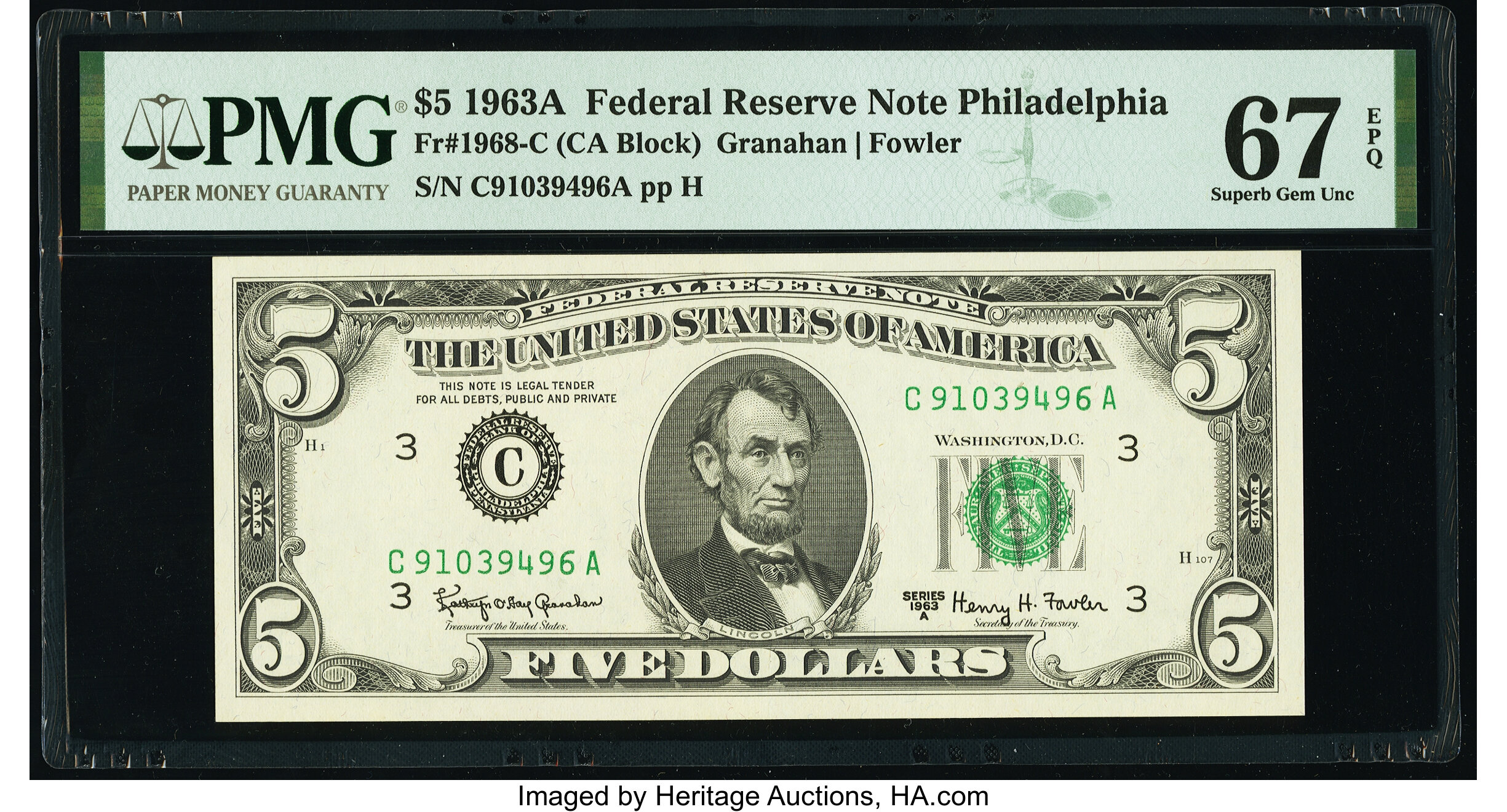 image for: Fr. 1968-C $5 1963A Federal Reserve Note. PMG Superb Gem Unc 67 EPQ....