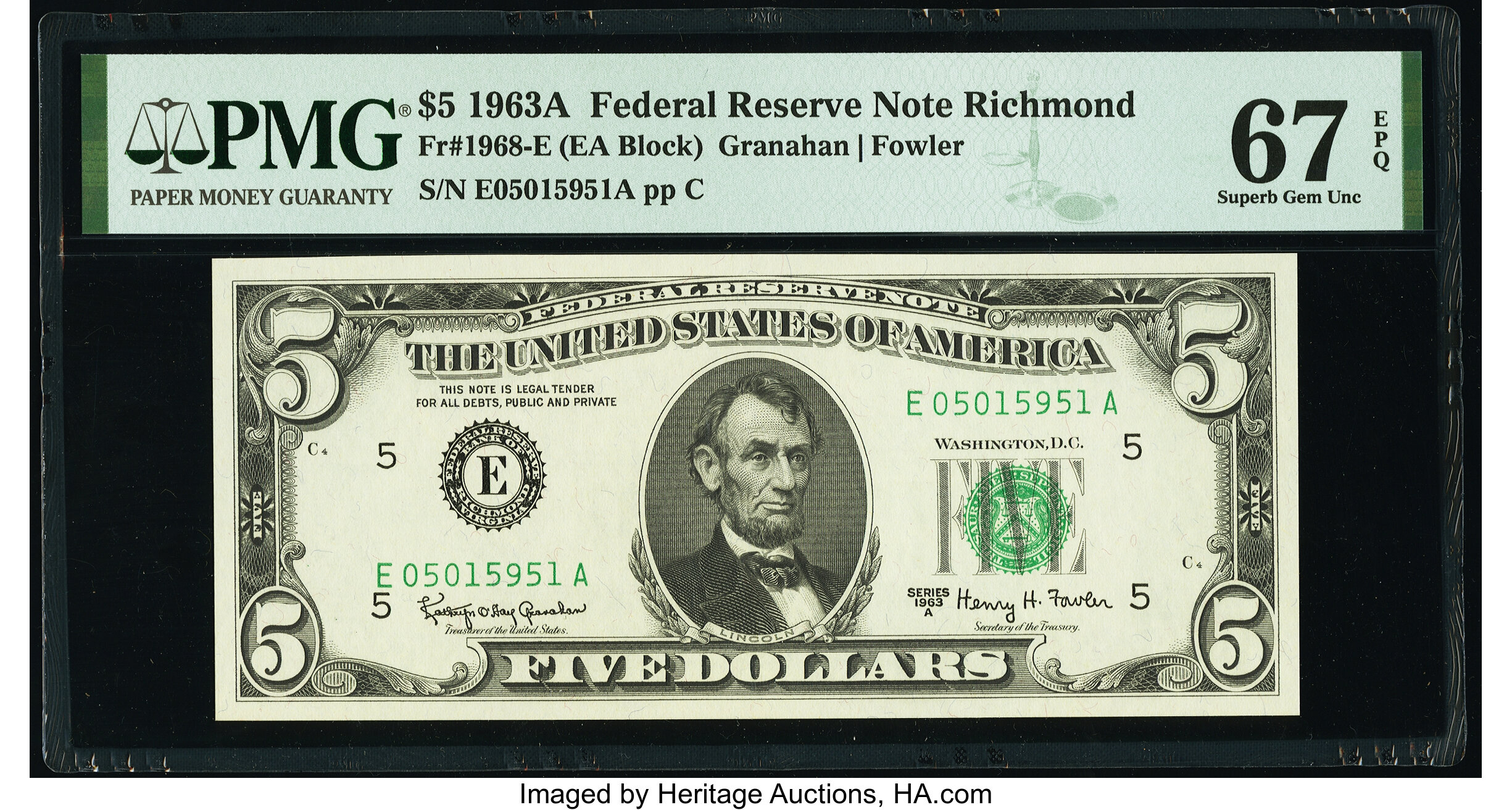 image for: Fr. 1968-E $5 1963A Federal Reserve Note. PMG Superb Gem Unc 67 EPQ....
