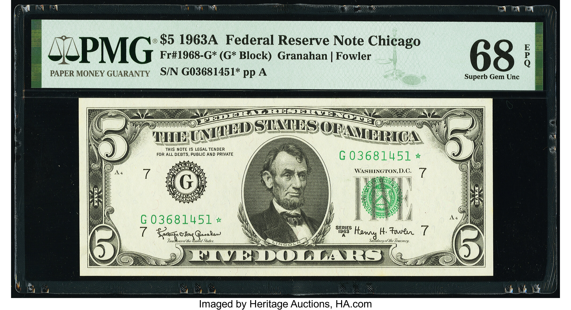 image for: Fr. 1968-G* $5 1963A Federal Reserve Star Note. PMG Superb Gem Unc 68 EPQ....