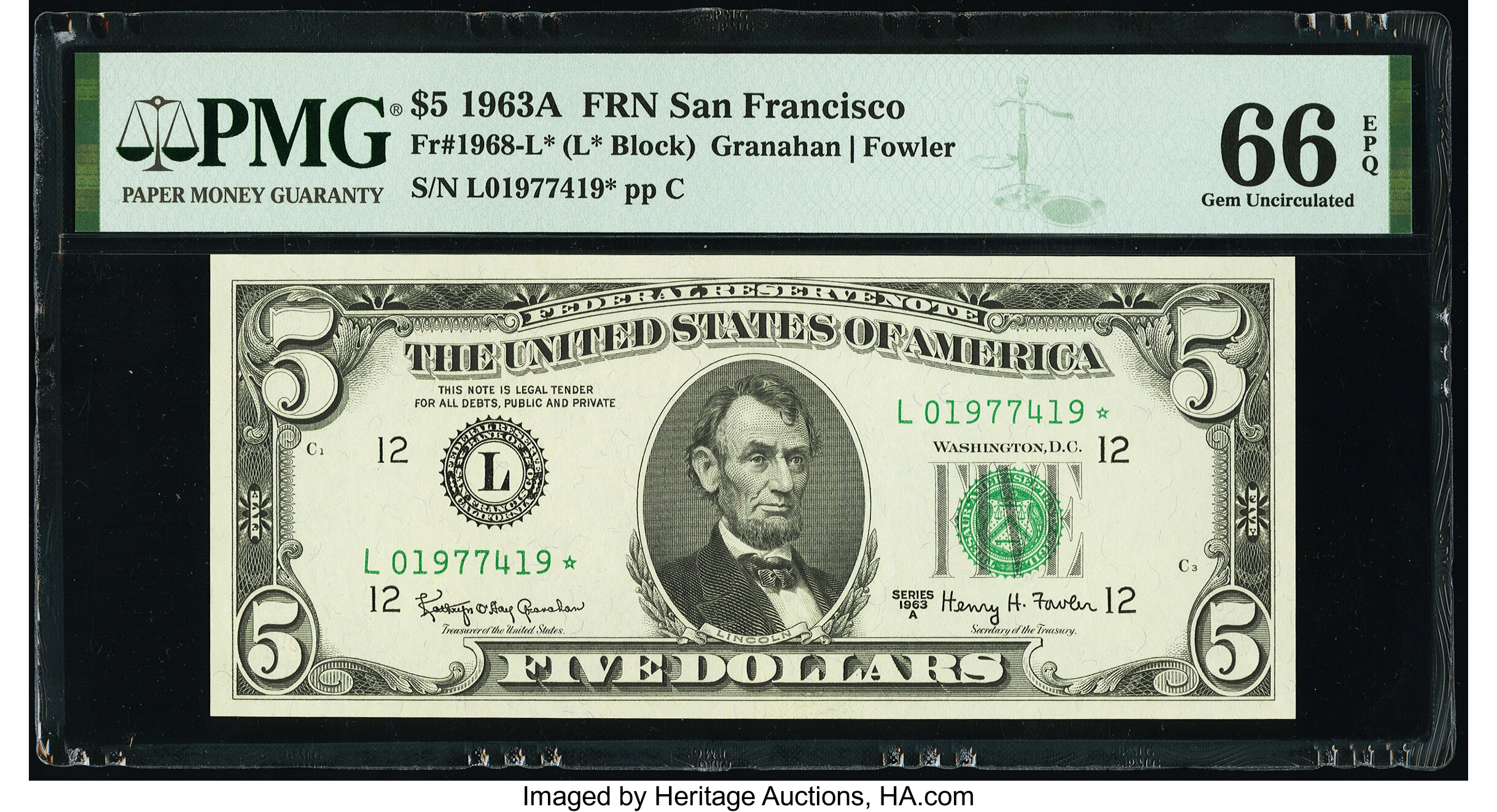 image for: Fr. 1968-L* $5 1963A Federal Reserve Star Note. PMG Gem Uncirculated 66 EPQ....