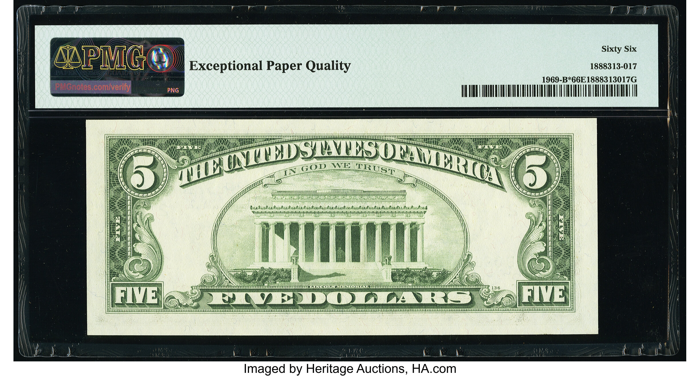 image for: Fr. 1969-B* $5 1969 Federal Reserve Star Note. PMG Gem Uncirculated 66 EPQ....