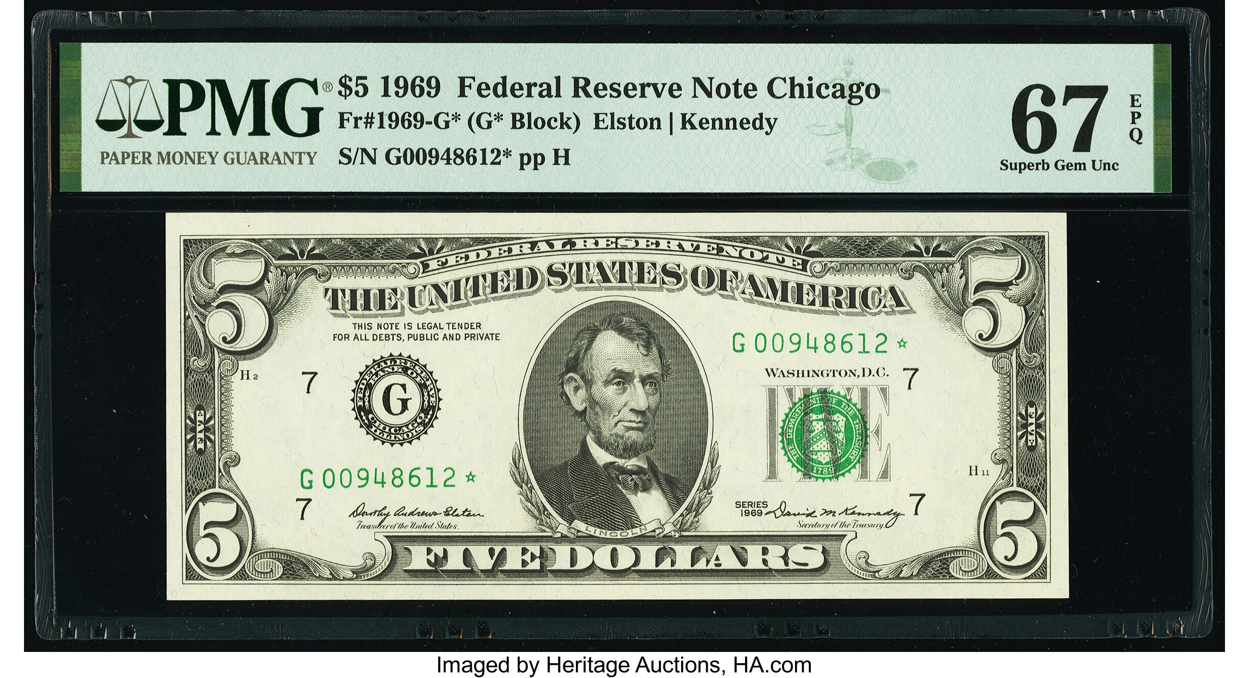 image for: Fr. 1969-G* $5 1969 Federal Reserve Star Note. PMG Superb Gem Unc 67 EPQ....