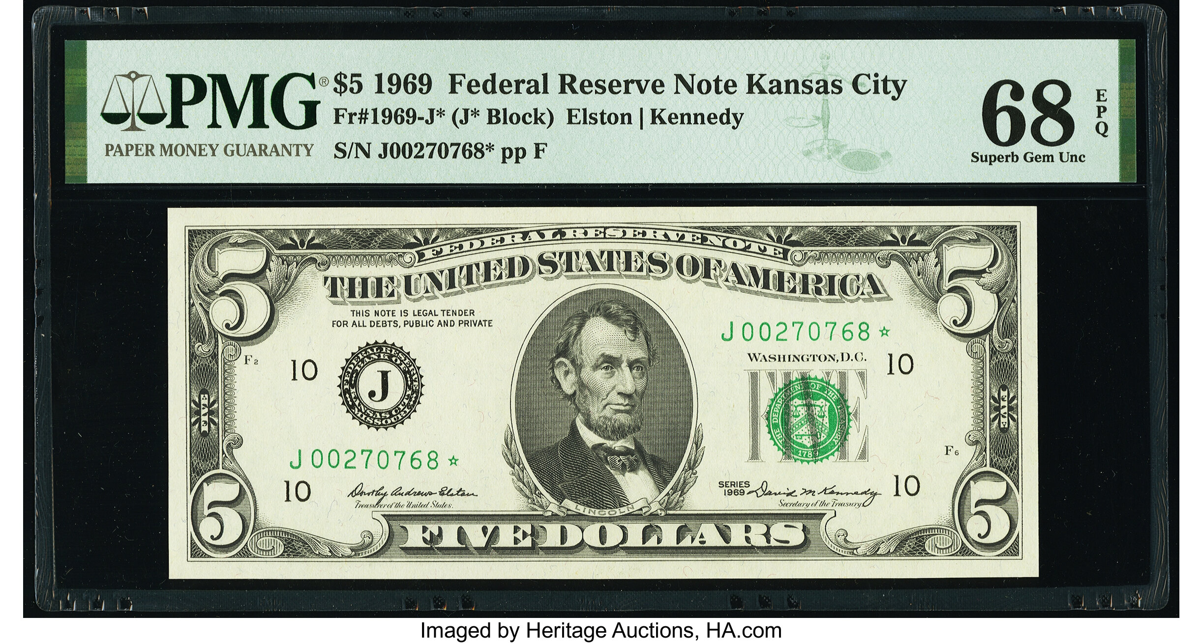 image for: Fr. 1969-J* $5 1969 Federal Reserve Star Note. PMG Superb Gem Unc 68 EPQ....