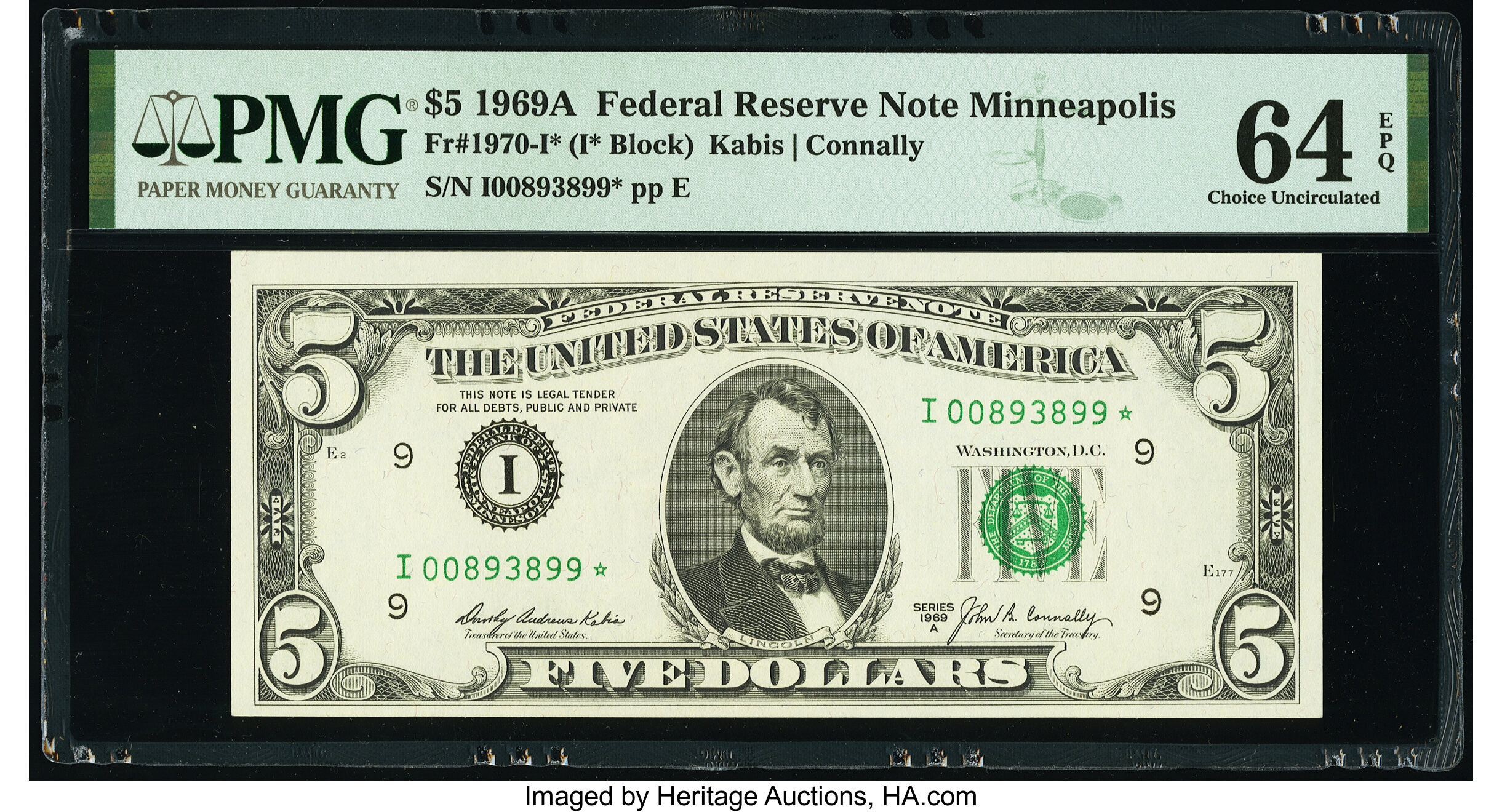image for: Fr. 1970-I* $5 1969A Federal Reserve Star Note. PMG Choice Uncirculated 64 EPQ....