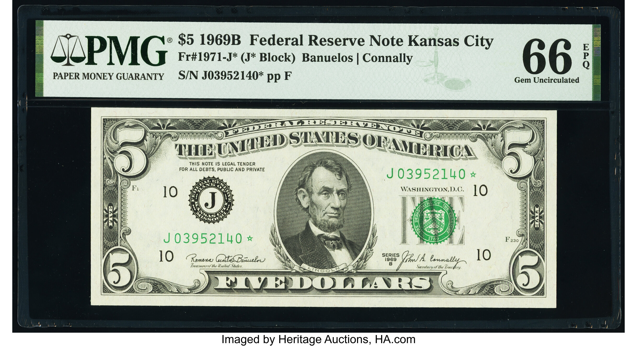 image for: Fr. 1971-J* $5 1969B Federal Reserve Star Note. PMG Gem Uncirculated 66 EPQ....