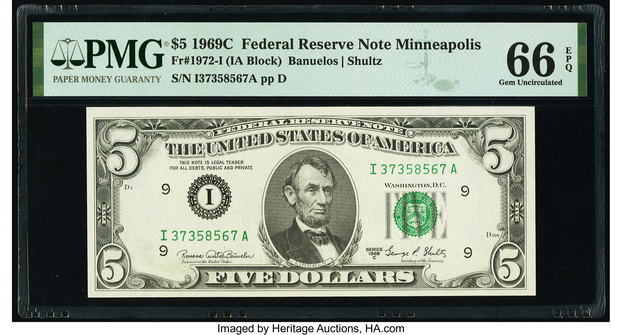 image for: Fr. 1972-I $5 1969C Federal Reserve Note. PMG Gem Uncirculated 66 EPQ....