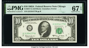 image for: Fr. 2017-G $10 1963A Federal Reserve Note. PMG Superb Gem Unc 67 EPQ....