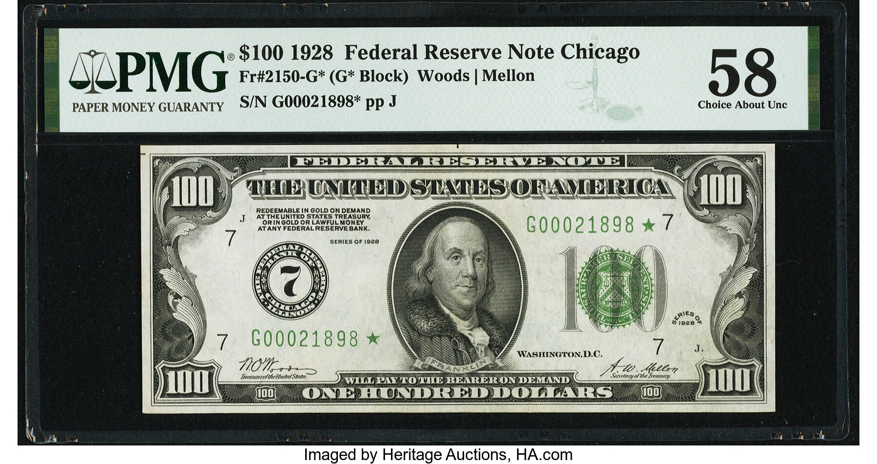 image for: Fr. 2150-G* $100 1928 Federal Reserve Note. PMG Choice About Unc 58....