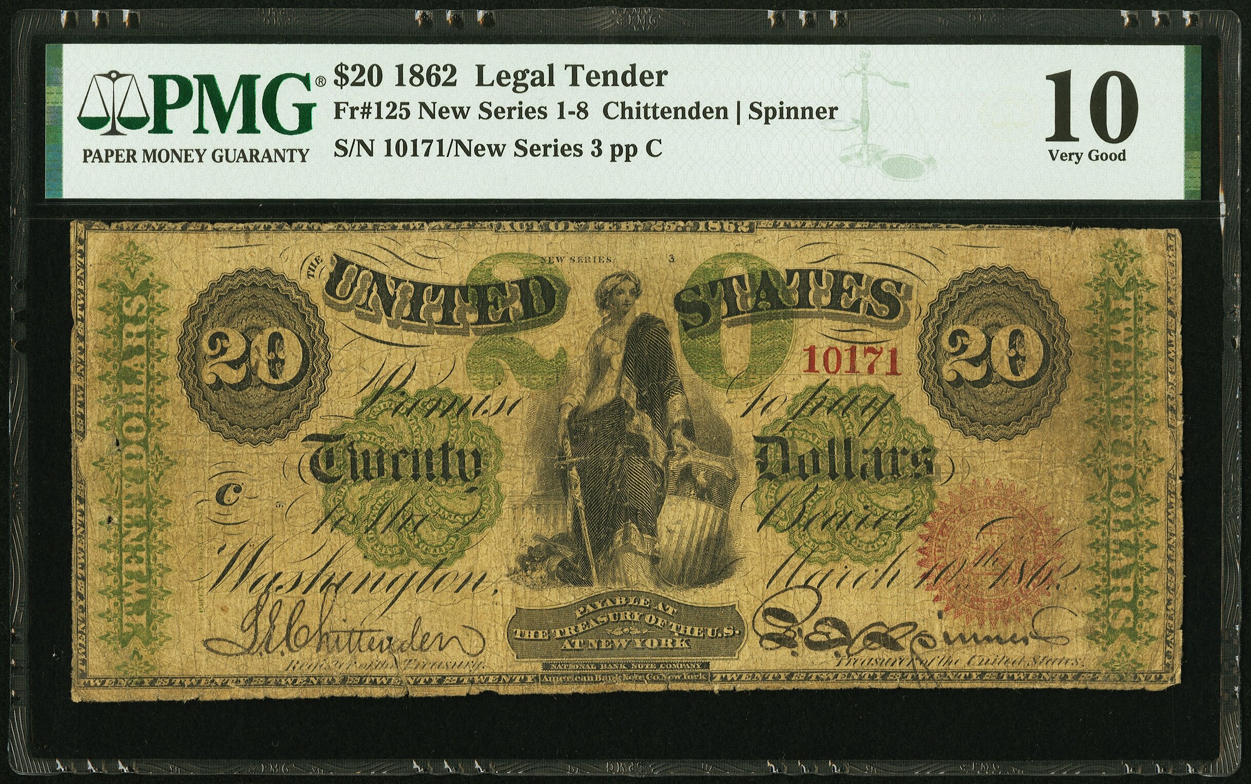 image for: Fr. 125 $20 1862 Legal Tender PMG Very Good 10....