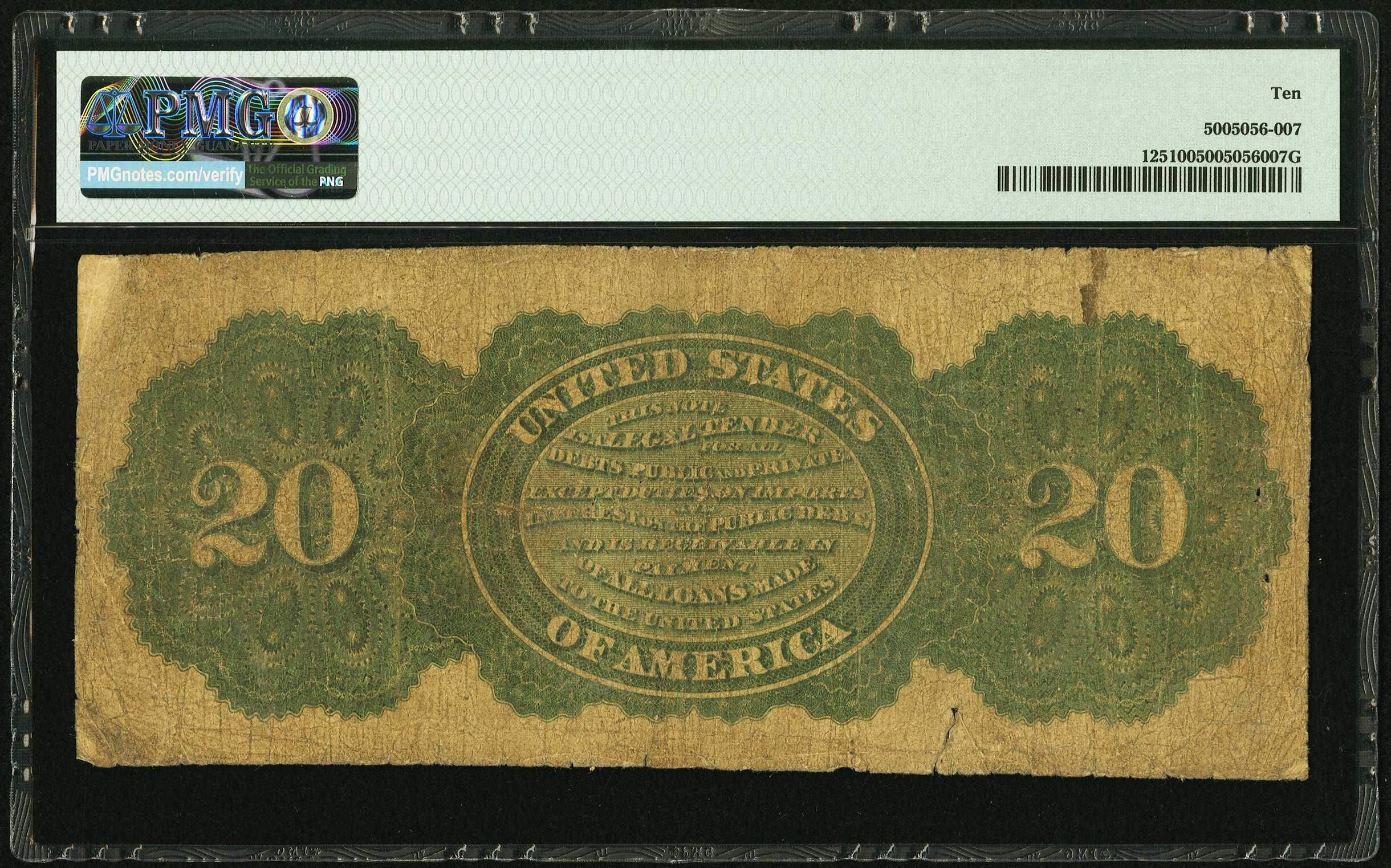 image for: Fr. 125 $20 1862 Legal Tender PMG Very Good 10....