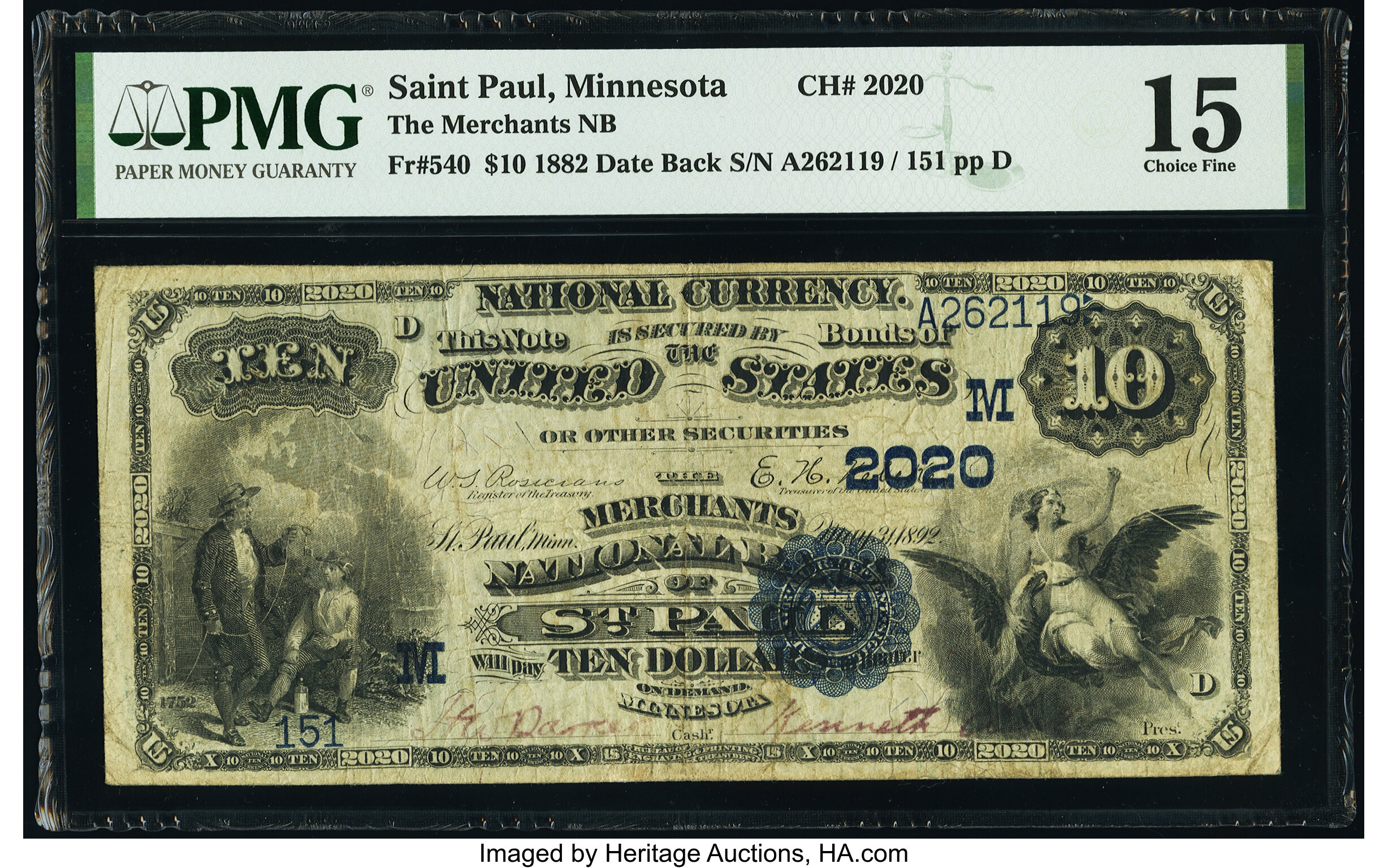 image for: Saint Paul, MN - $10 1882 Date Back Fr. 540 The Merchants National Bank Ch. # (M)2020 PMG Choice Fine 15....