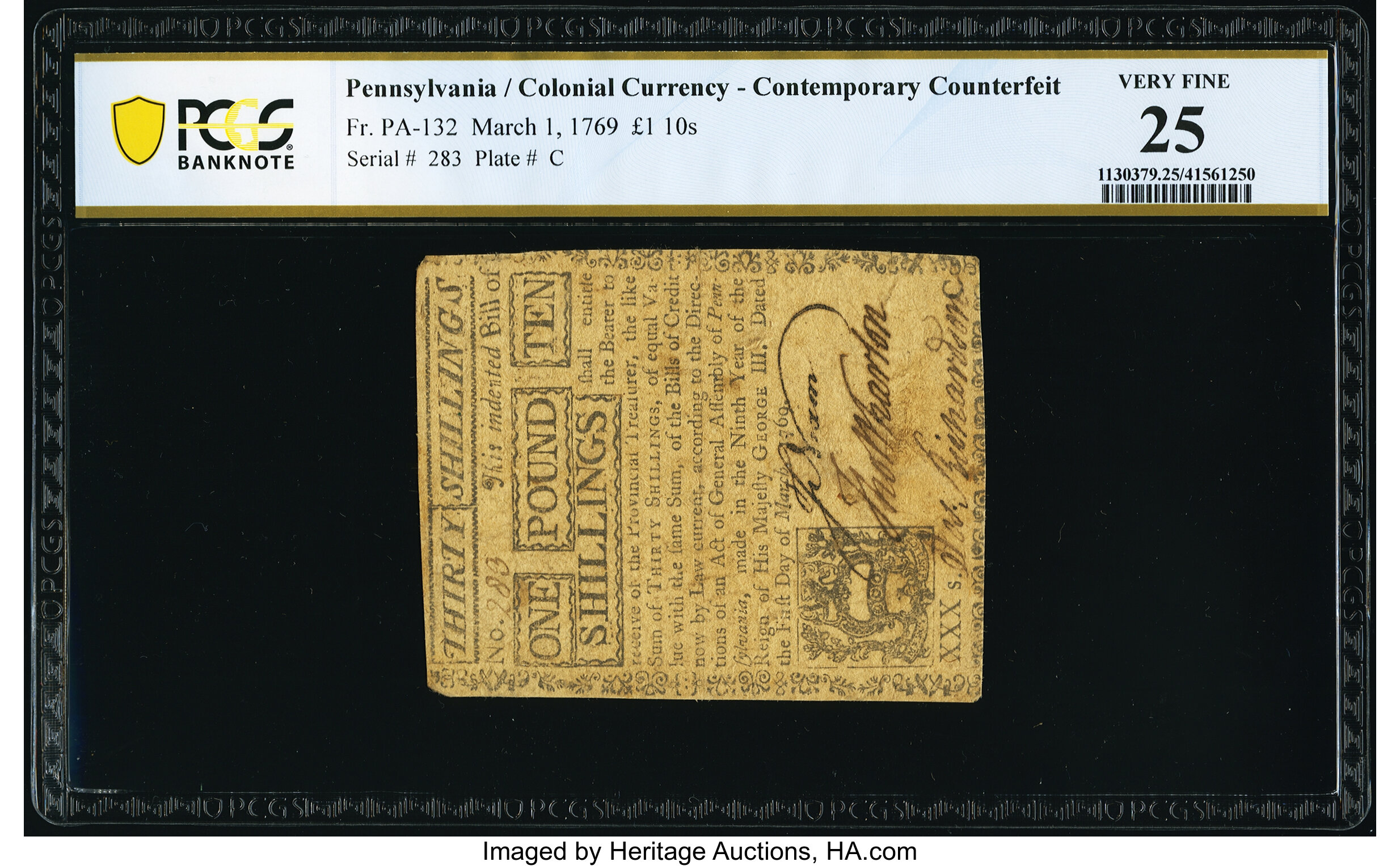 image for: Pennsylvania March 1, 1769 £1 10s/30s Contemporary Counterfeit PCGS Banknote Very Fine 25....