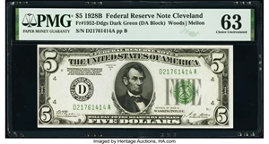 image for: Fr. 1952-D $5 1928B Dark Green Seal Federal Reserve Note. PMG Choice Uncirculated 63....