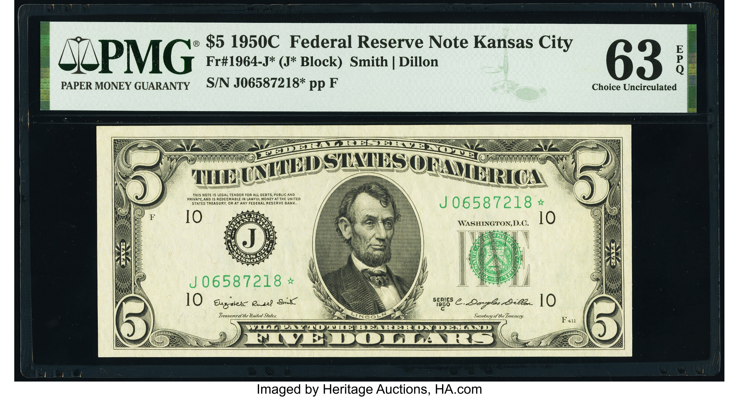 image for: Fr. 1964-J* $5 1950C Federal Reserve Star Note. PMG Choice Uncirculated 63 EPQ....