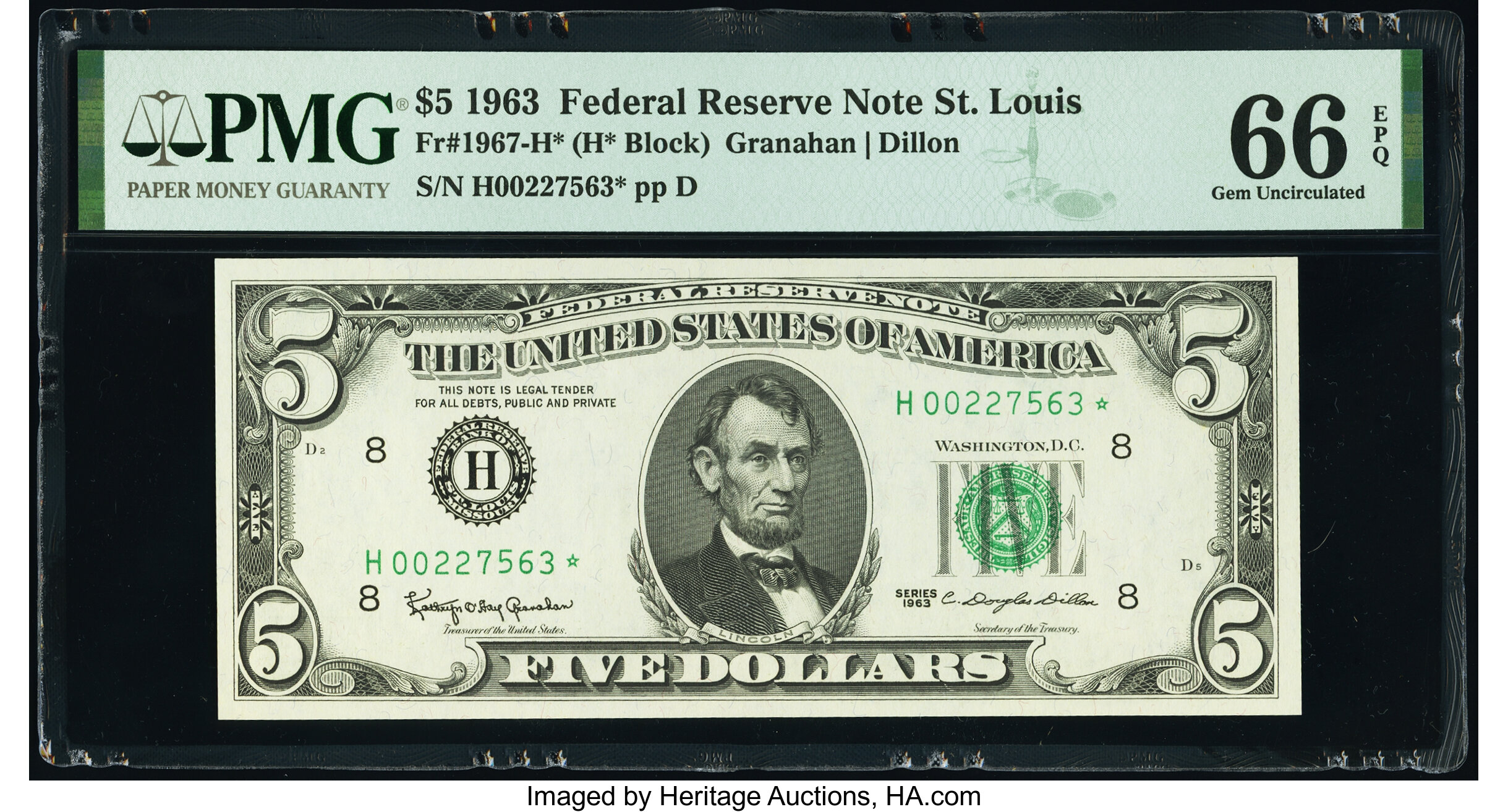 image for: Fr. 1967-H* $5 1963 Federal Reserve Star Note. PMG Gem Uncirculated 66 EPQ....